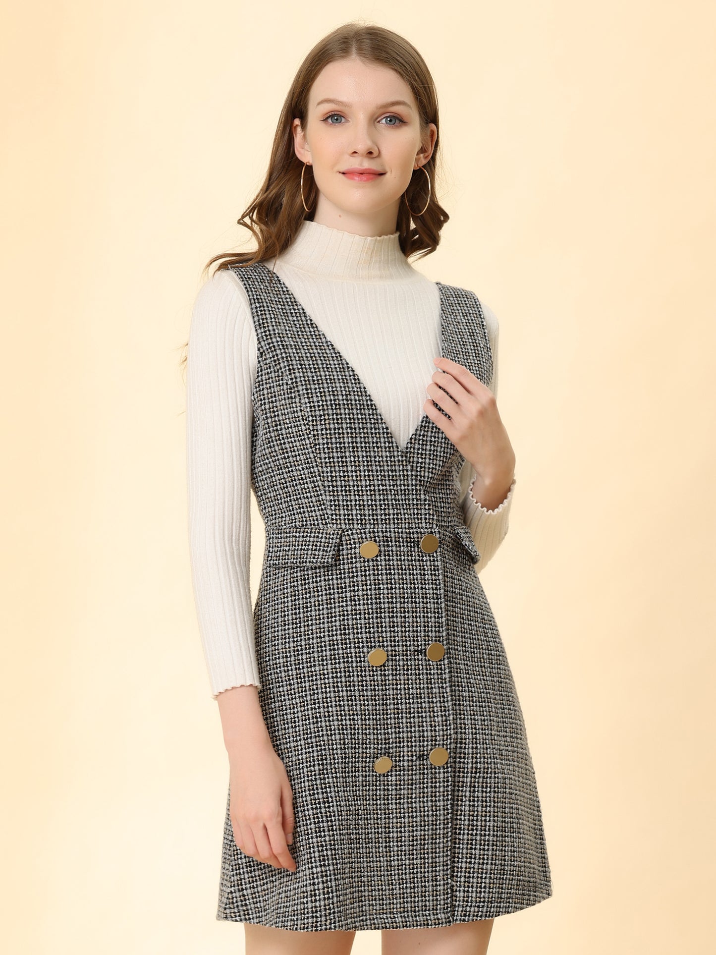 Vestido estilo pichi de tweed a cuadros con cuello en V y botones delanteros estilo retro para mujer