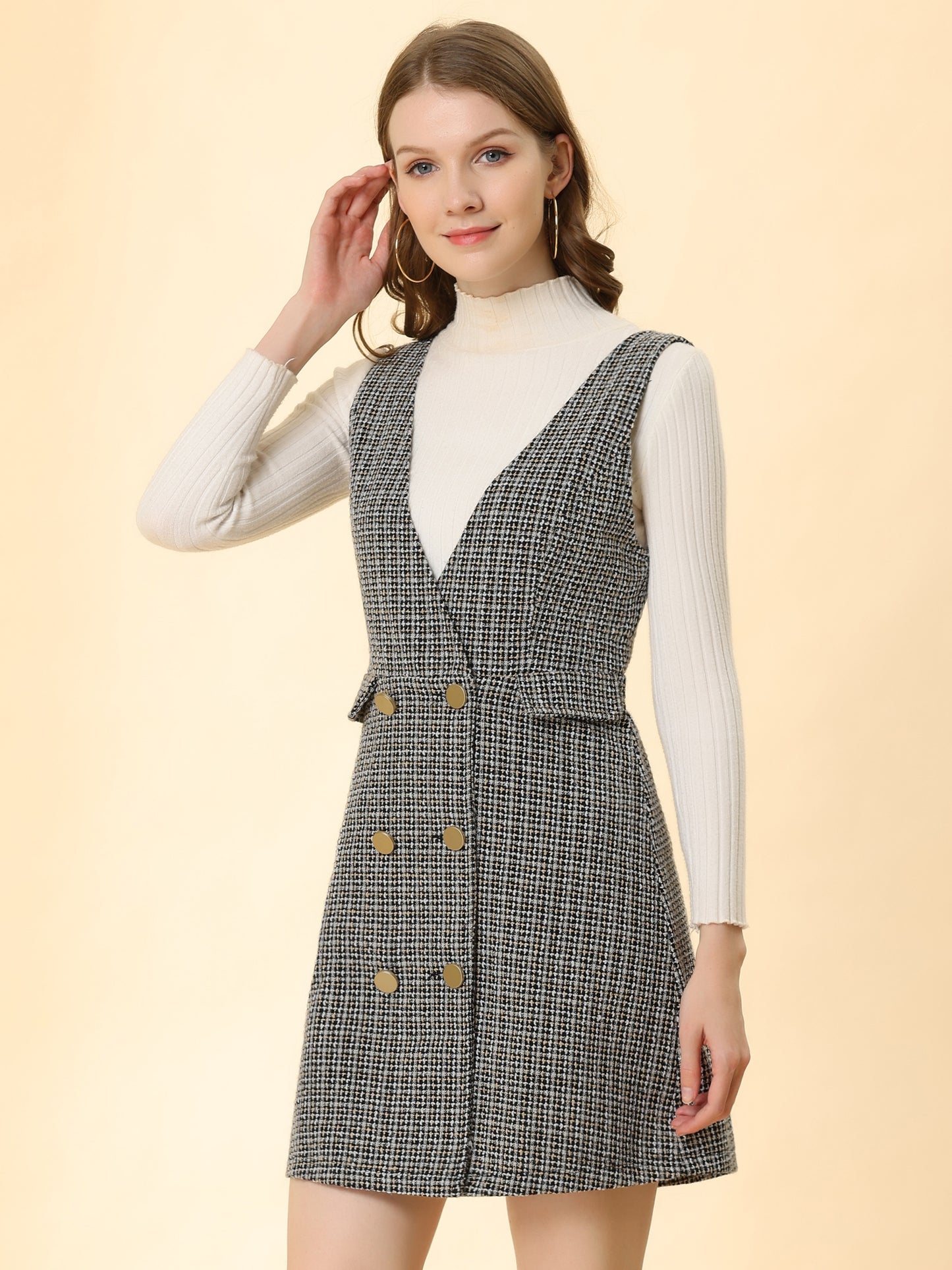 Vestido estilo pichi de tweed a cuadros con cuello en V y botones delanteros estilo retro para mujer