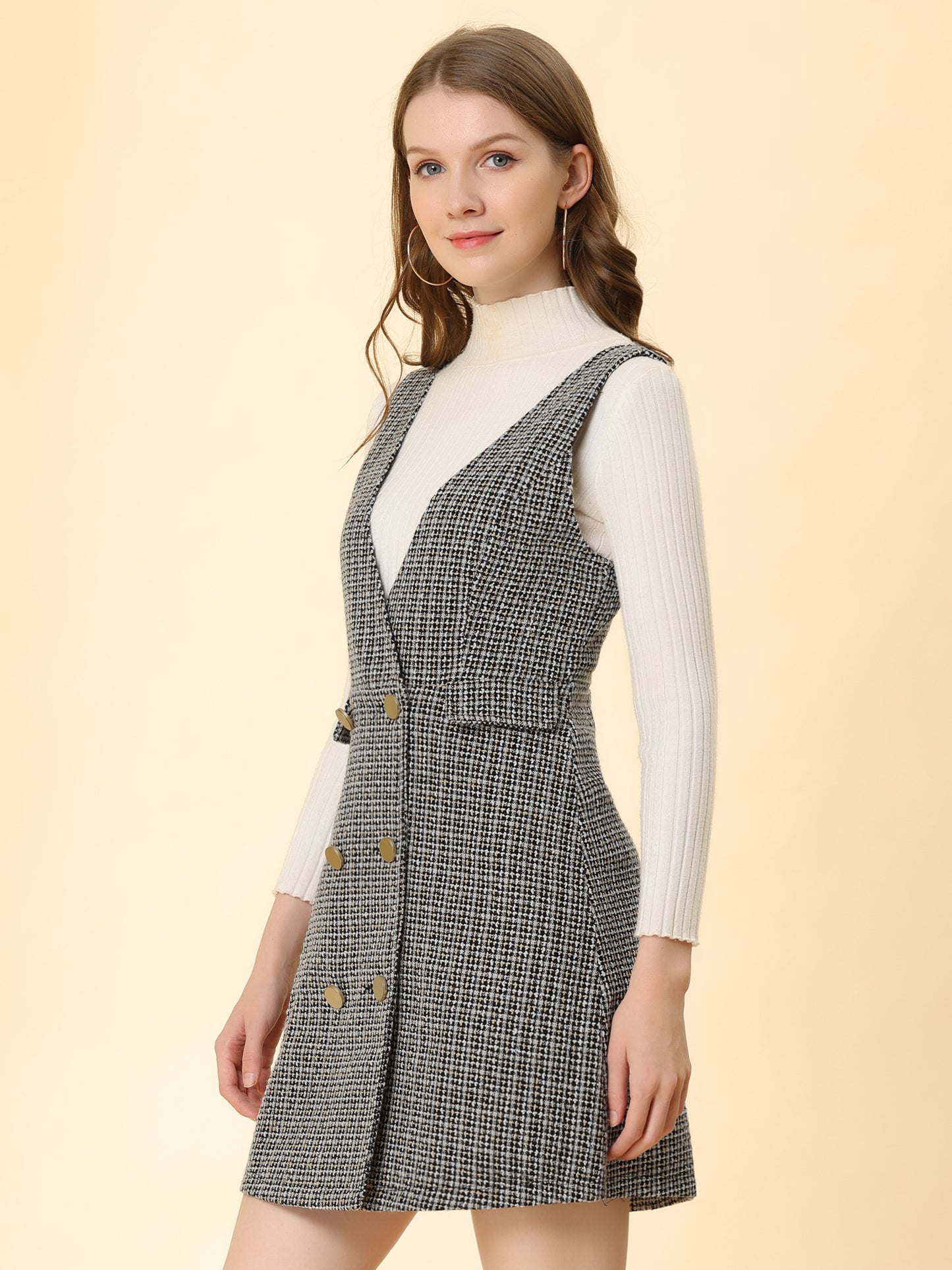Vestido estilo pichi de tweed a cuadros con cuello en V y botones delanteros estilo retro para mujer