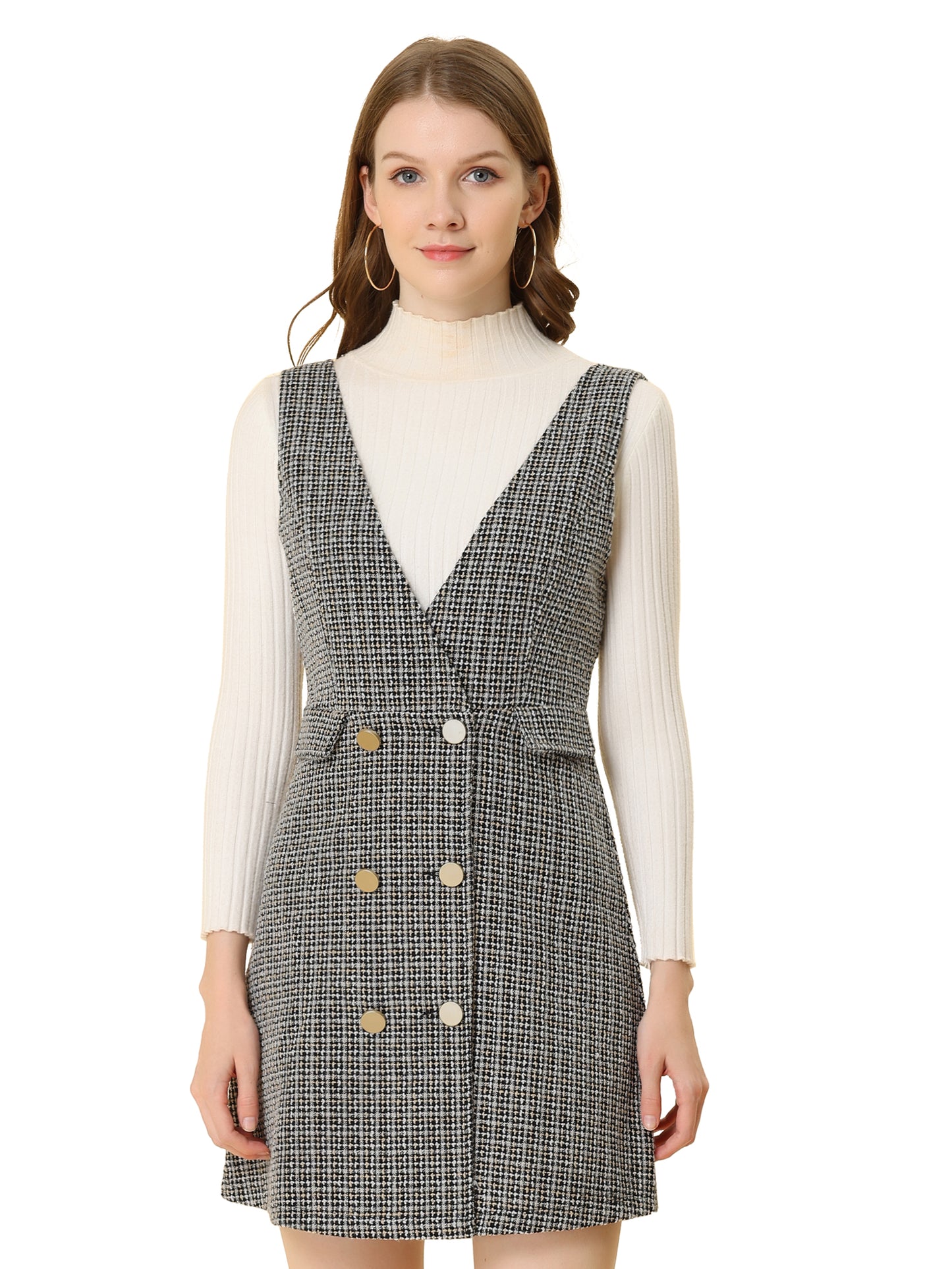 Vestido estilo pichi de tweed a cuadros con cuello en V y botones delanteros estilo retro para mujer