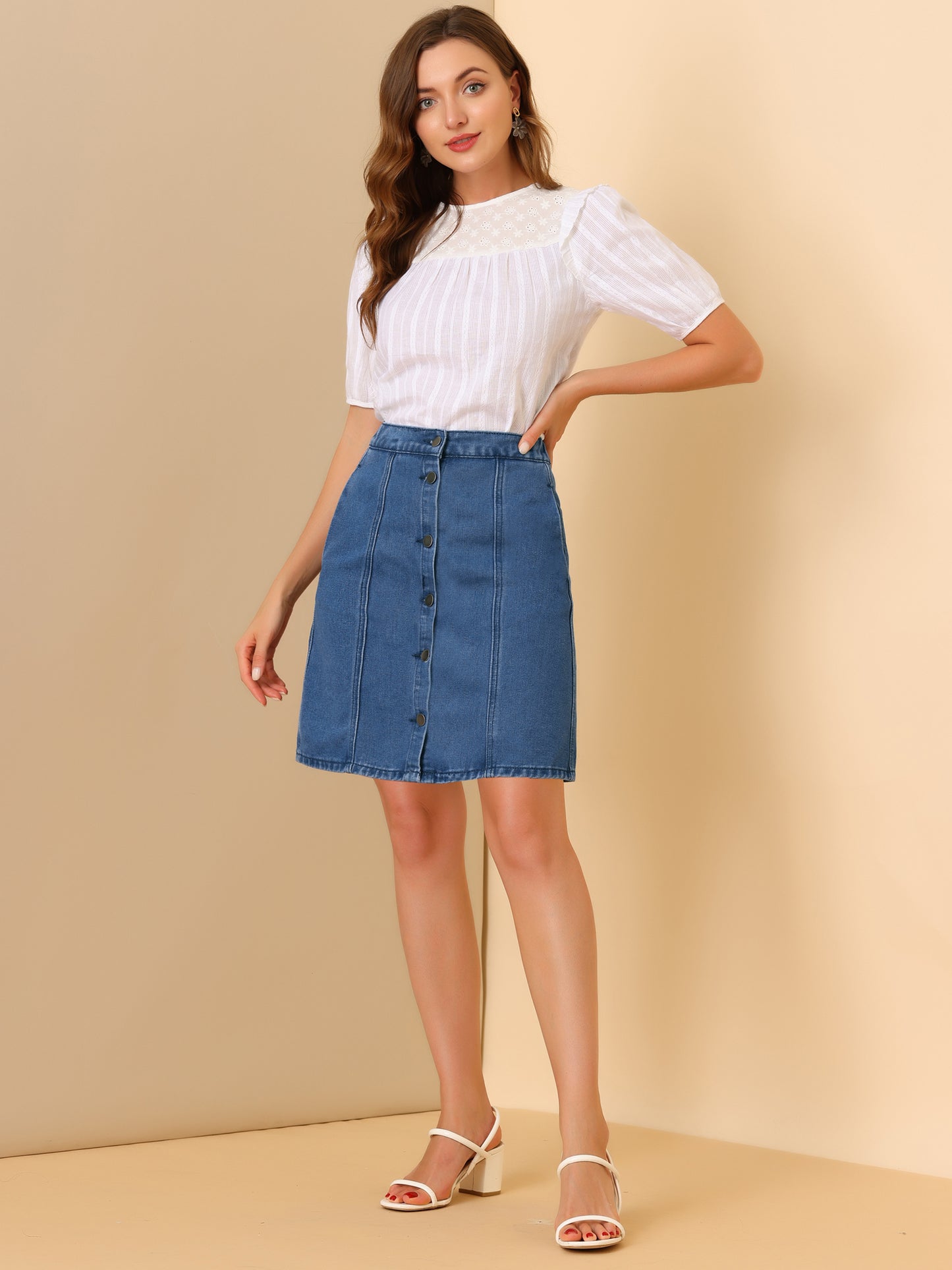 Women's Denim Skirts Summer Casual A-Line Short Button Down Jean Skirt (Available in Plus Size)