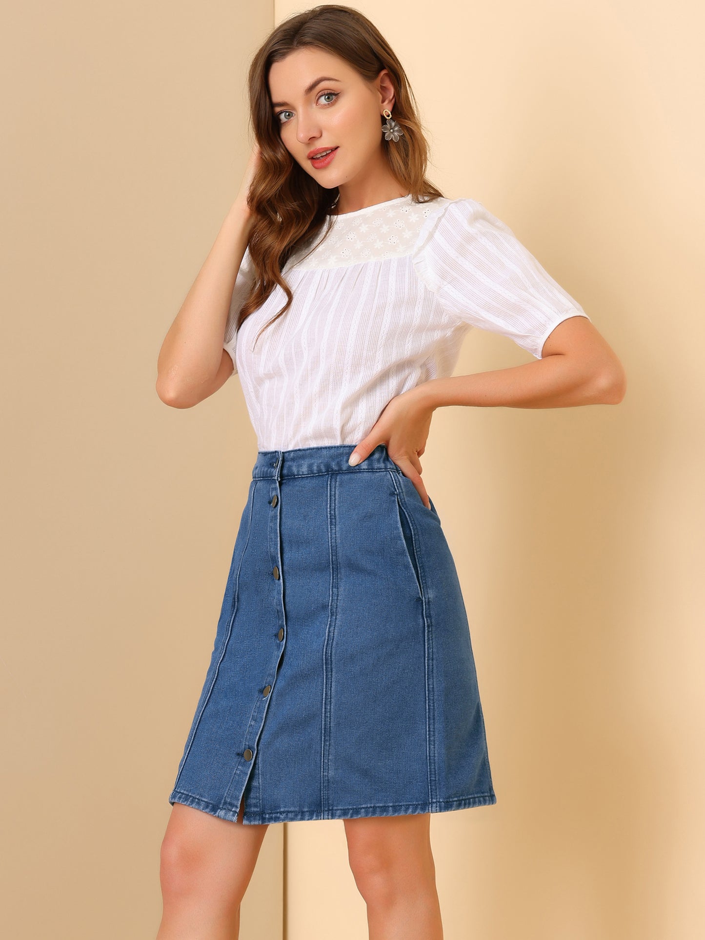 Women's Denim Skirts Summer Casual A-Line Short Button Down Jean Skirt (Available in Plus Size)