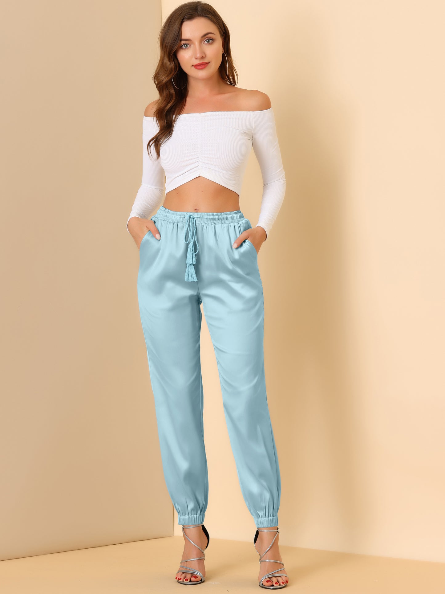 Women's Drawstring Elastic Waist Athleisure Pants Casual Ankle Length Satin Joggers with Pocket