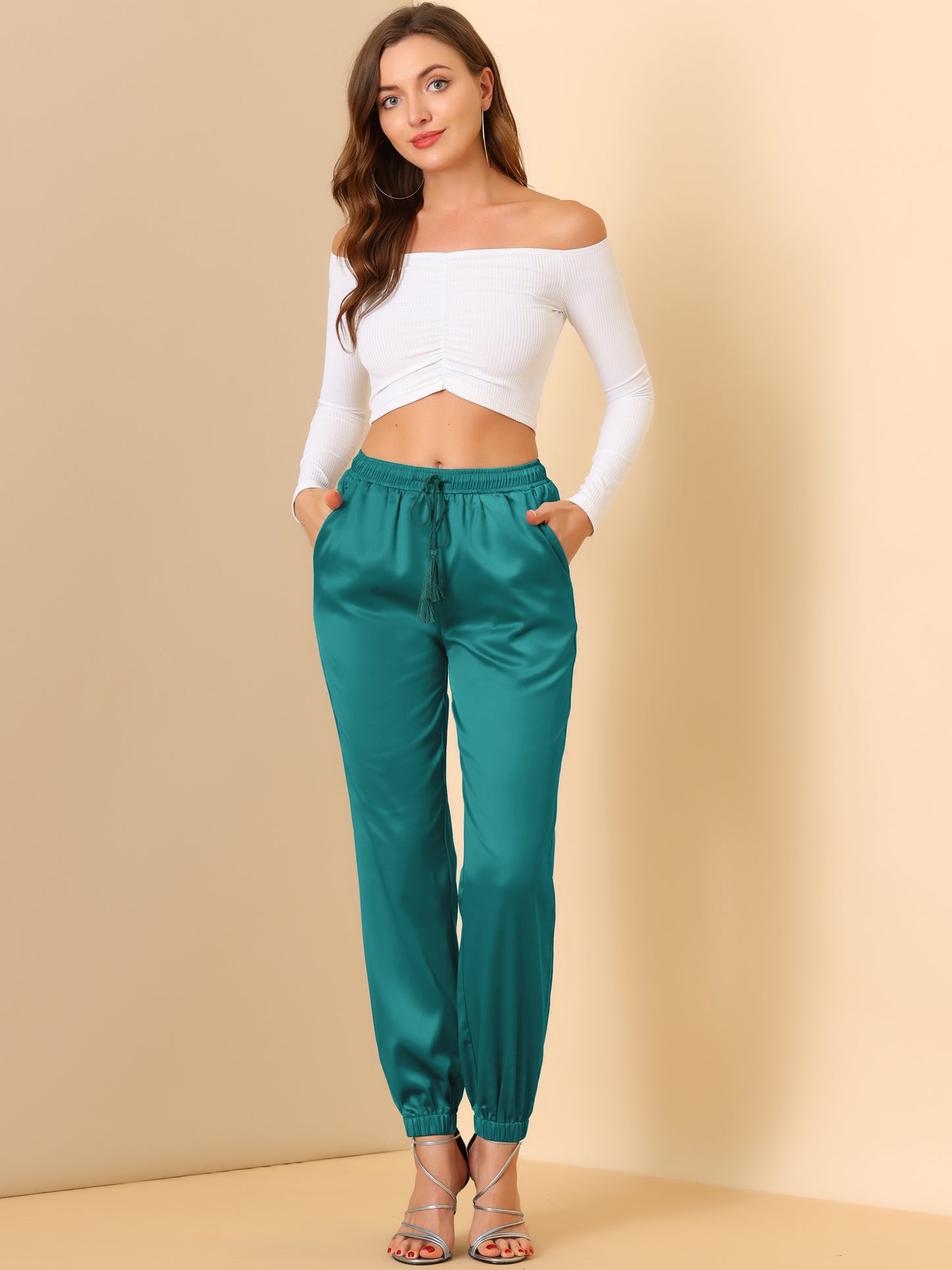 Women's Drawstring Elastic Waist Athleisure Pants Casual Ankle Length Satin Joggers with Pocket