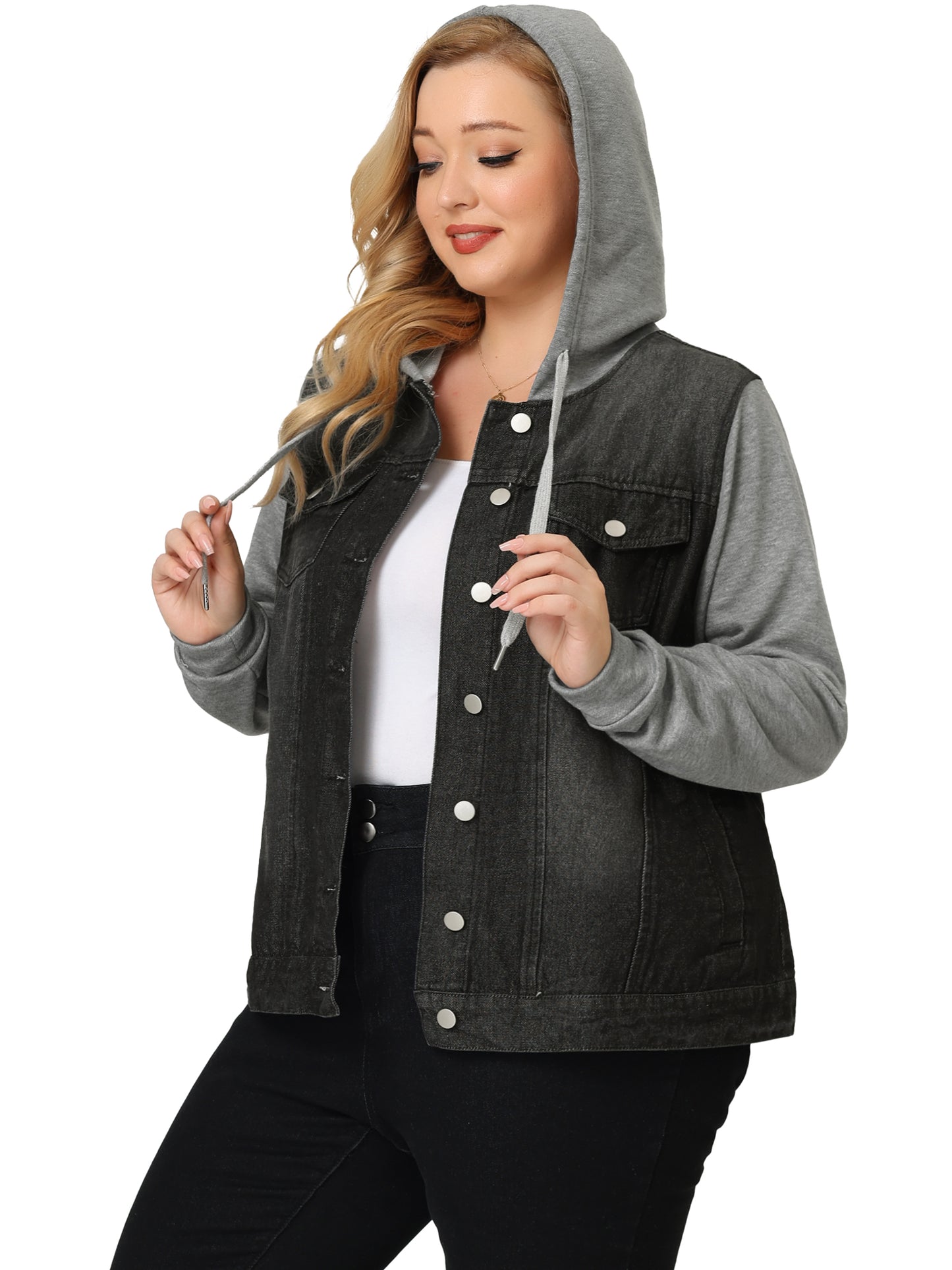 Chaqueta vaquera de talla grande para mujer con capucha, manga larga, estilo western, informal, con capucha, chaqueta vaquera