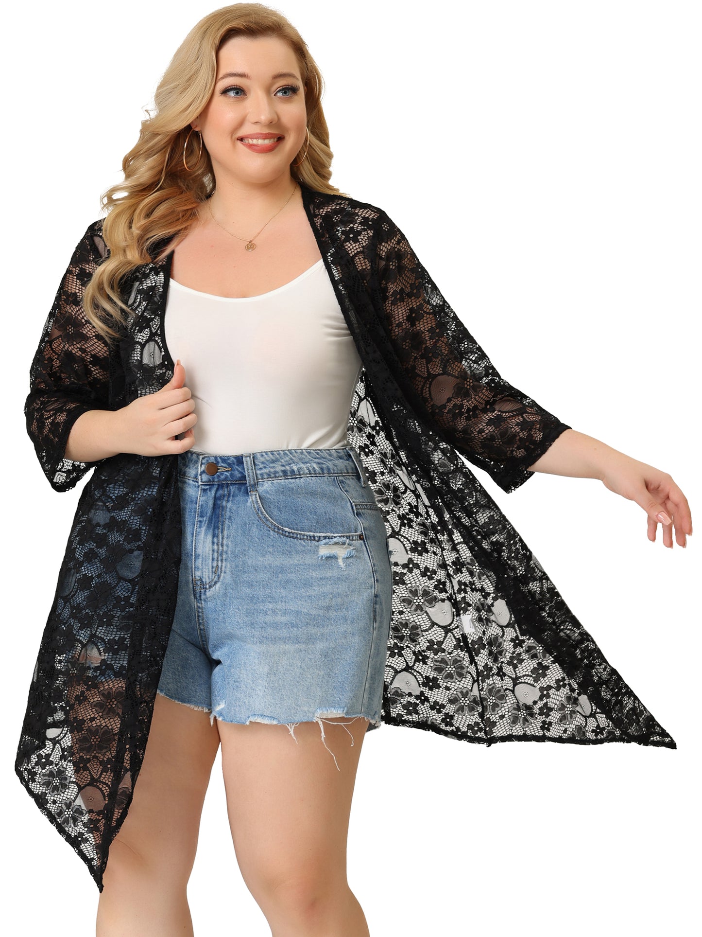 Women Plus Size Cardigans Open Front 3/4 Sleeves Crochet Cover Ups