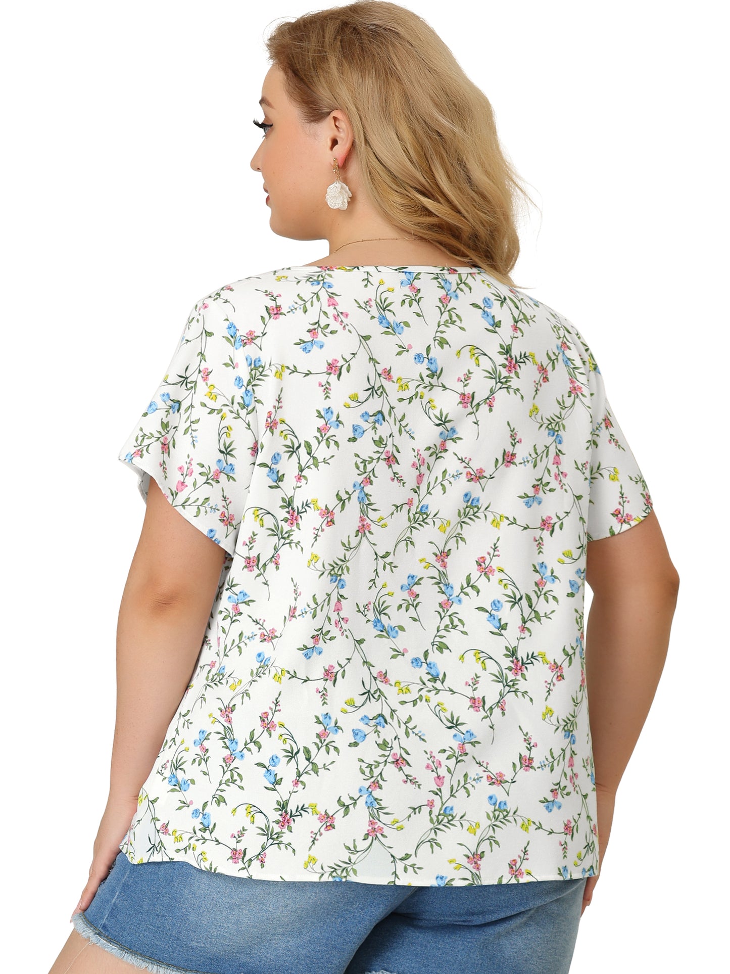 Women's Plus Size Summer Top Floral Half Placket Short Sleeve Blouse