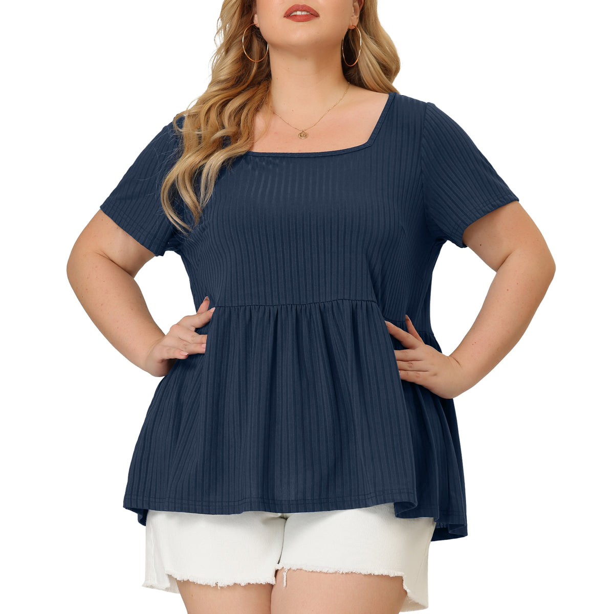 Women's Plus Size Tee Shirts Square Neck Textured Printed Peplum Summer Short Sleeve Top