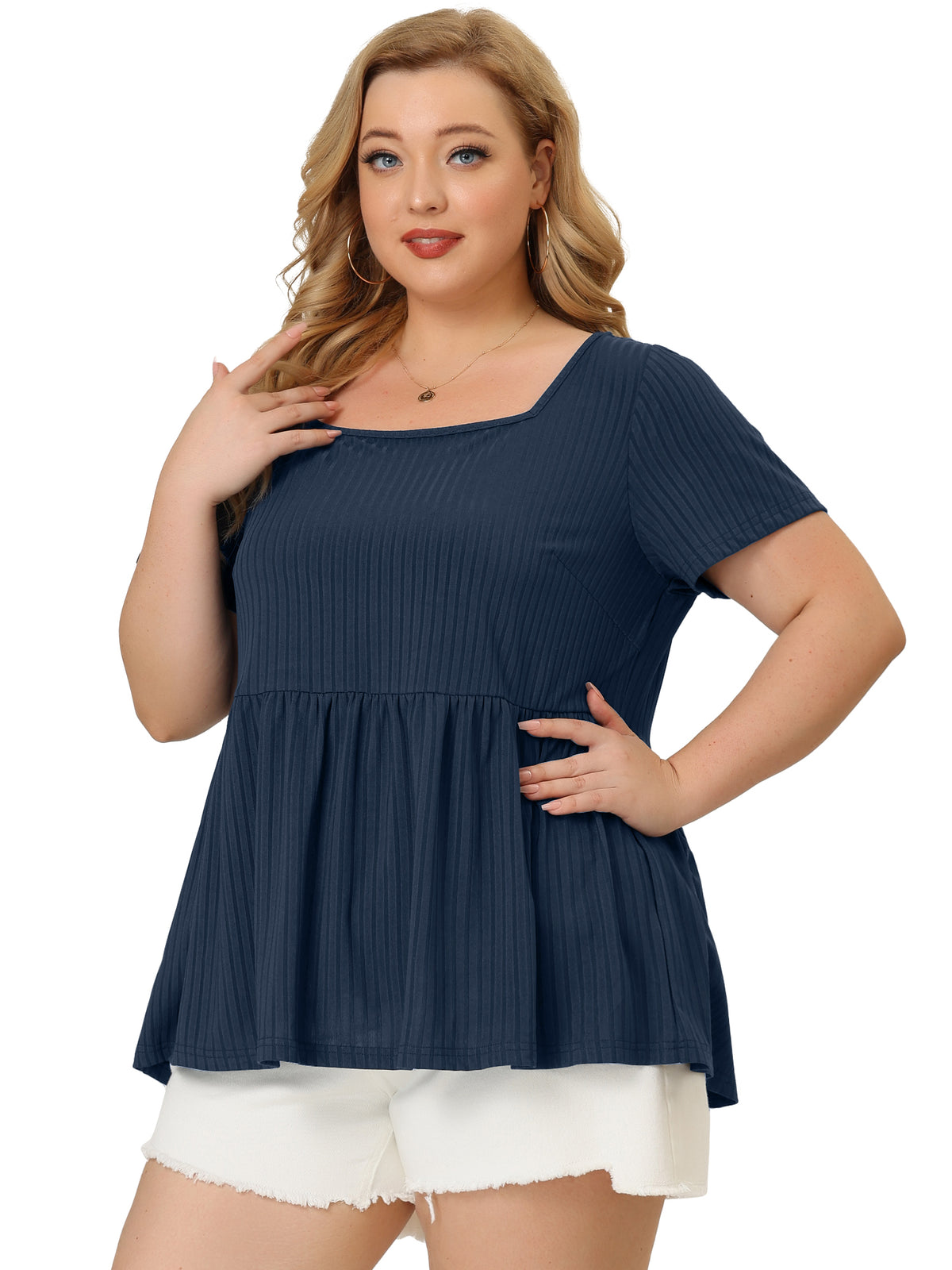 Women's Plus Size Tee Shirts Square Neck Textured Printed Peplum Summer Short Sleeve Top
