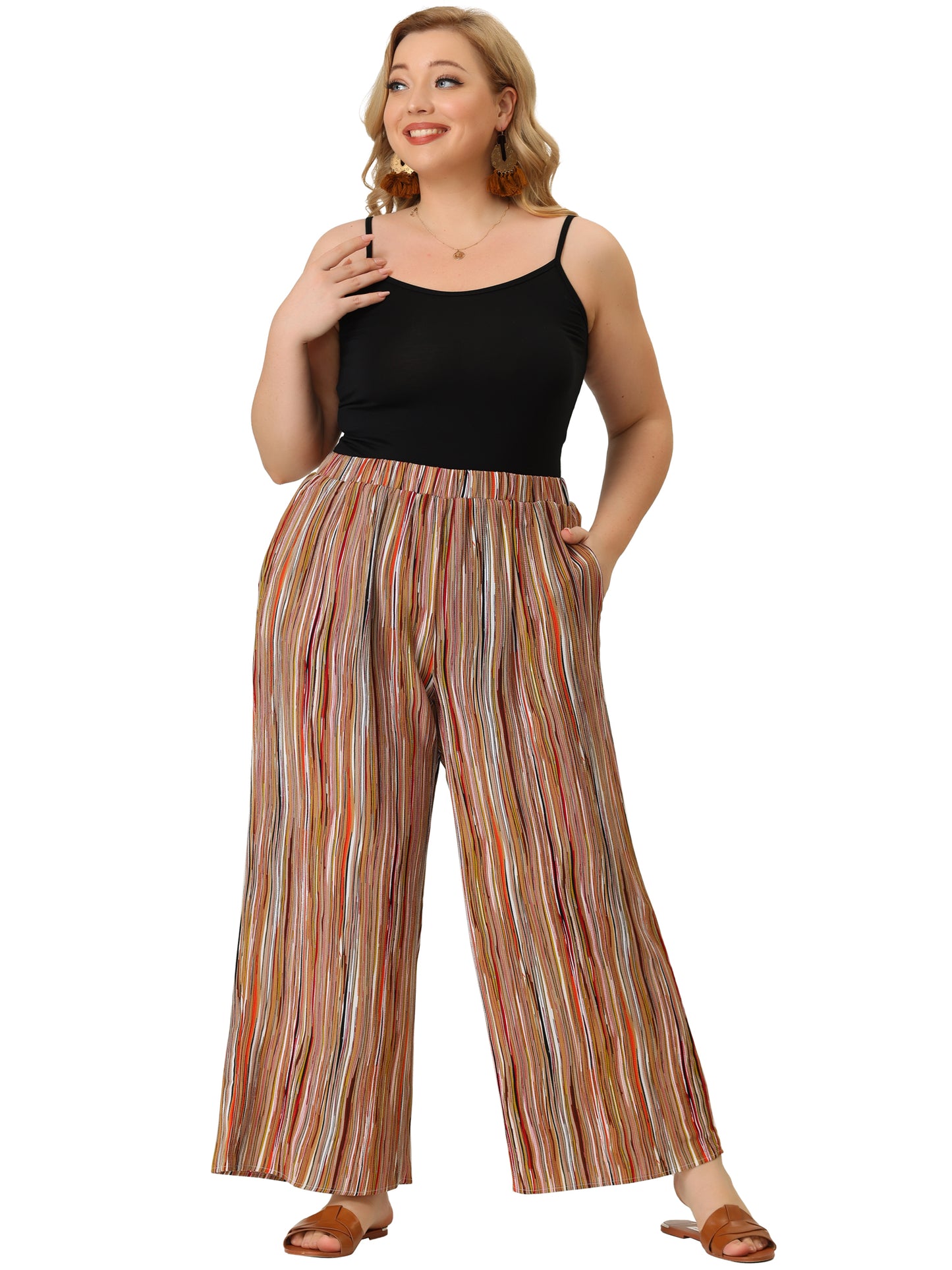 Women Plus Size Palazzo Pants Stripe Boho Wide Leg Paper Bag Pants Beach Casual Summer