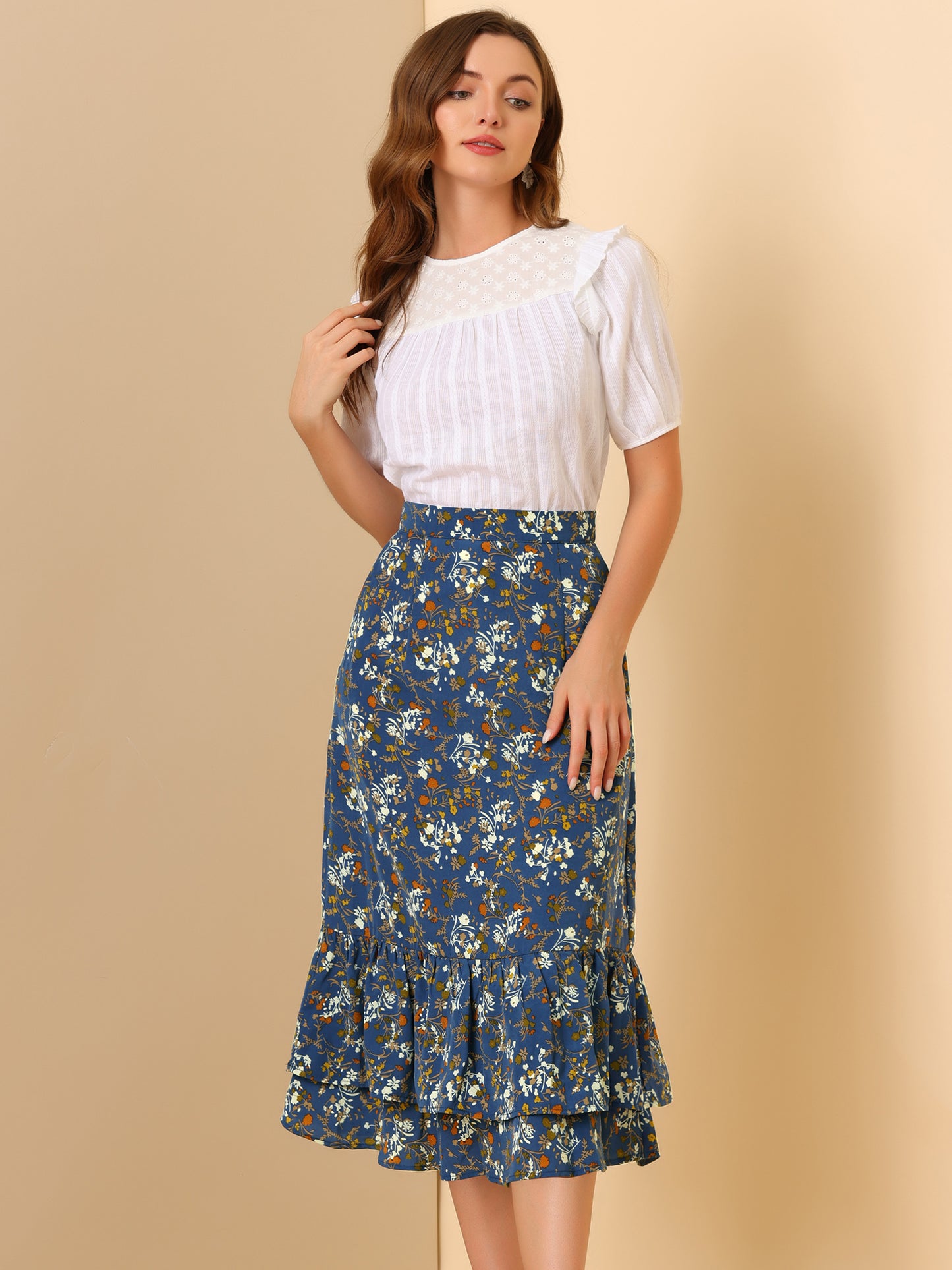 Women's Printed Skirt Summer Chiffon Ruffle Tiered Flowy Midi Skirt