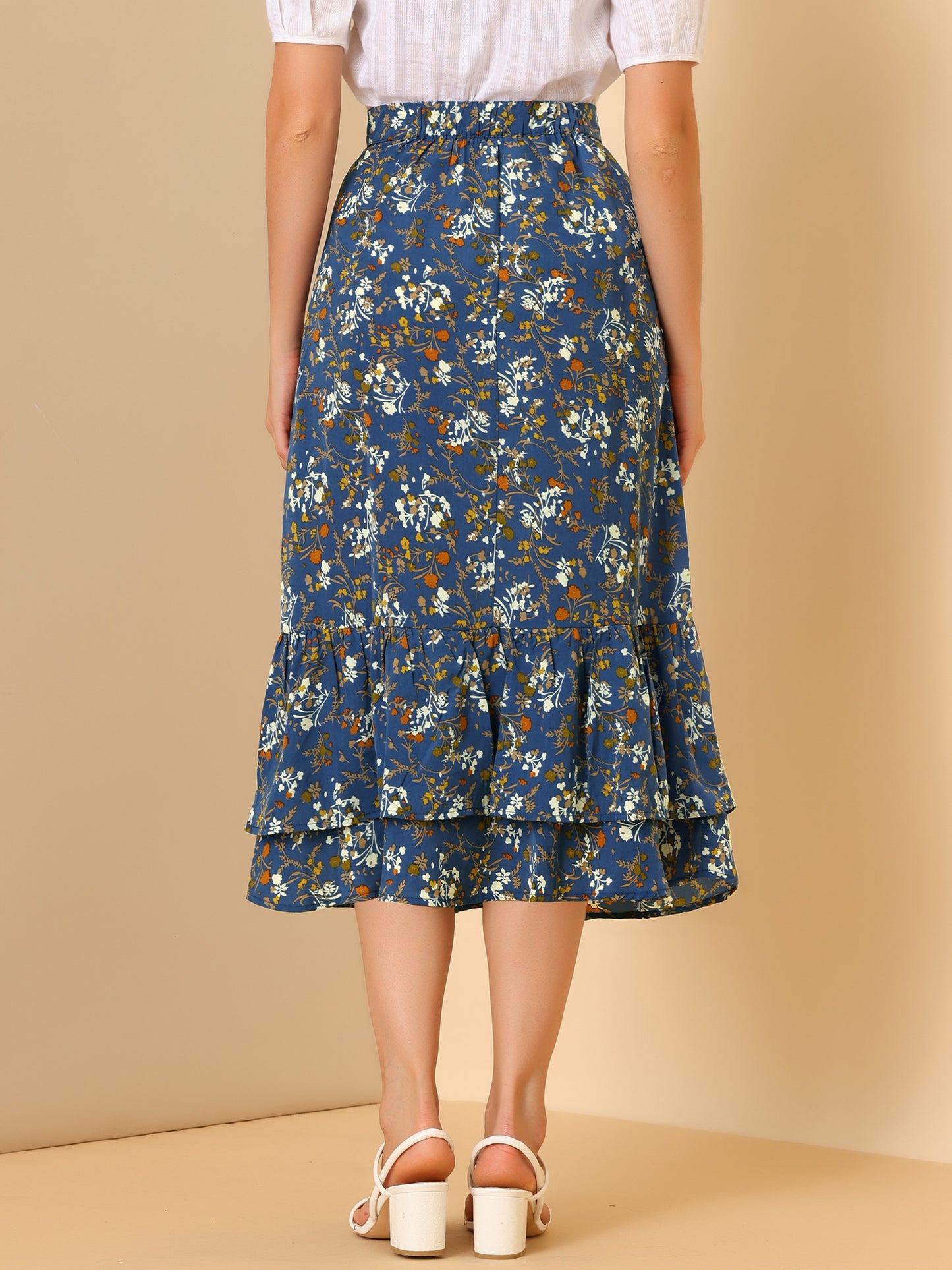 Women's Printed Skirt Summer Chiffon Ruffle Tiered Flowy Midi Skirt