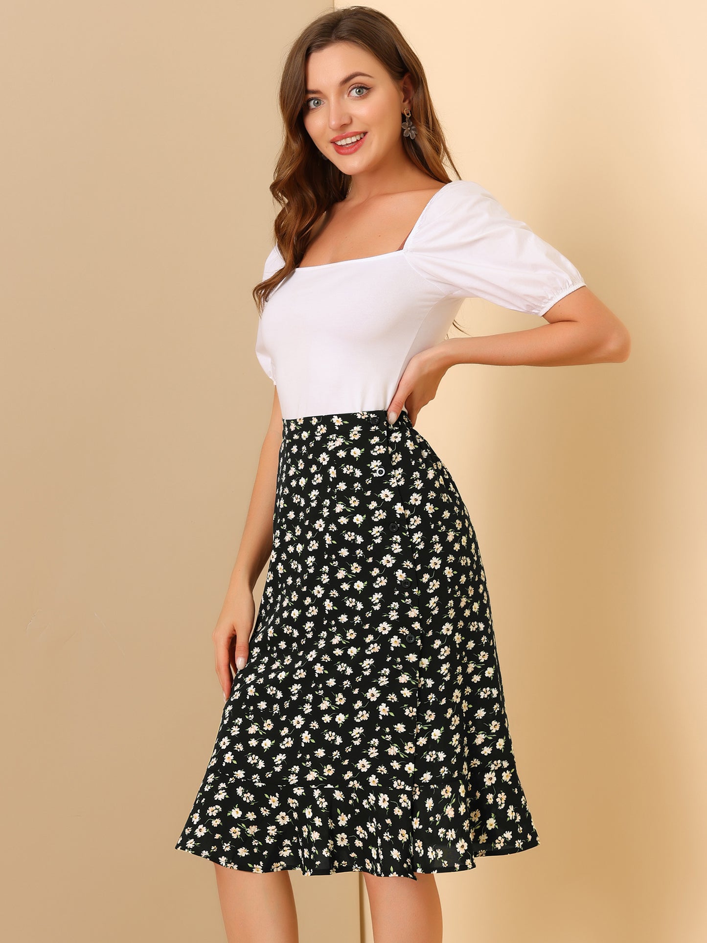 Women's Floral Midi Skirts Summer Ruffle High Waist Flowy A-Line Split Knee Length Skirt (Available in Plus Size)