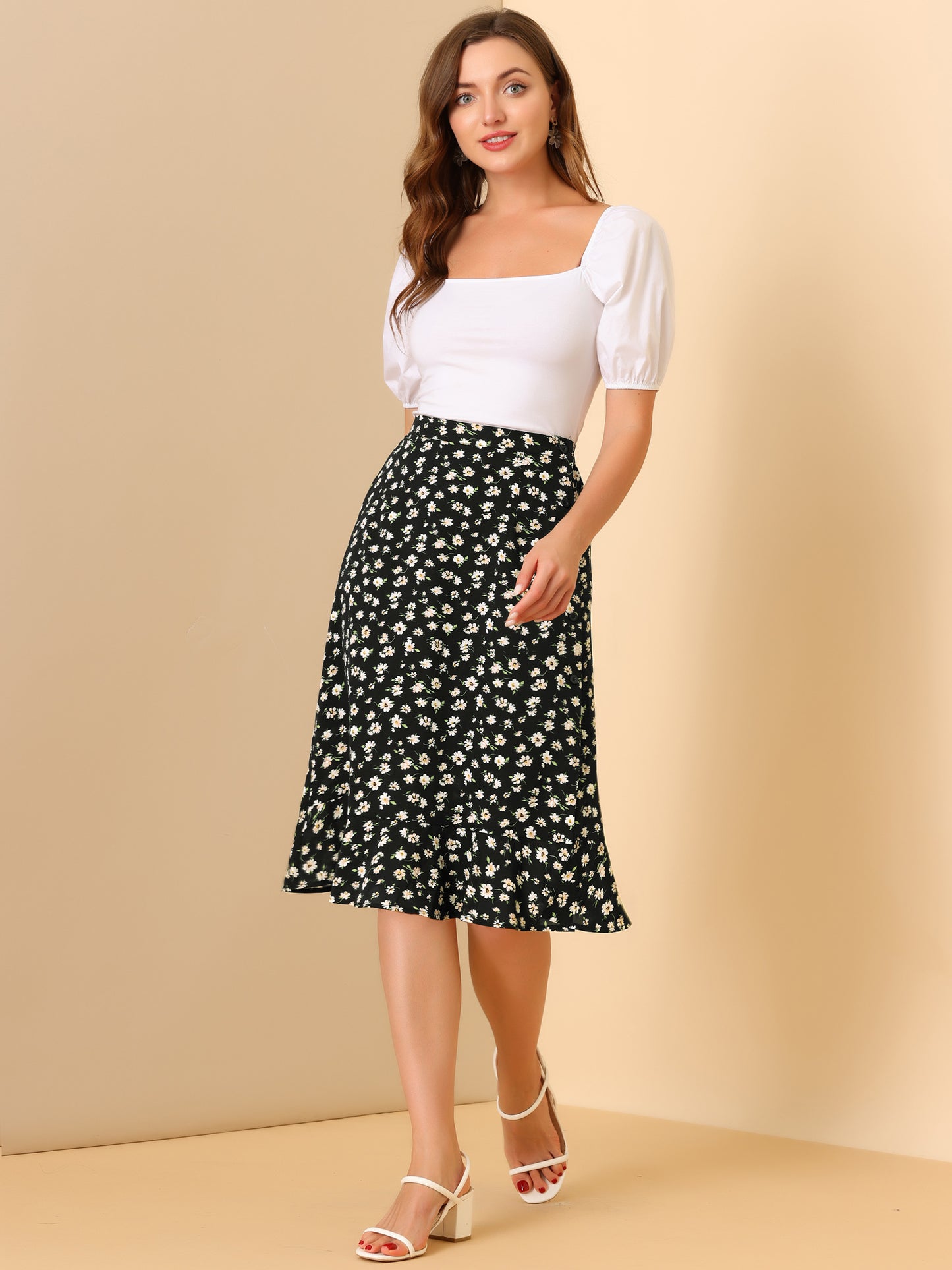 Women's Floral Midi Skirts Summer Ruffle High Waist Flowy A-Line Split Knee Length Skirt (Available in Plus Size)