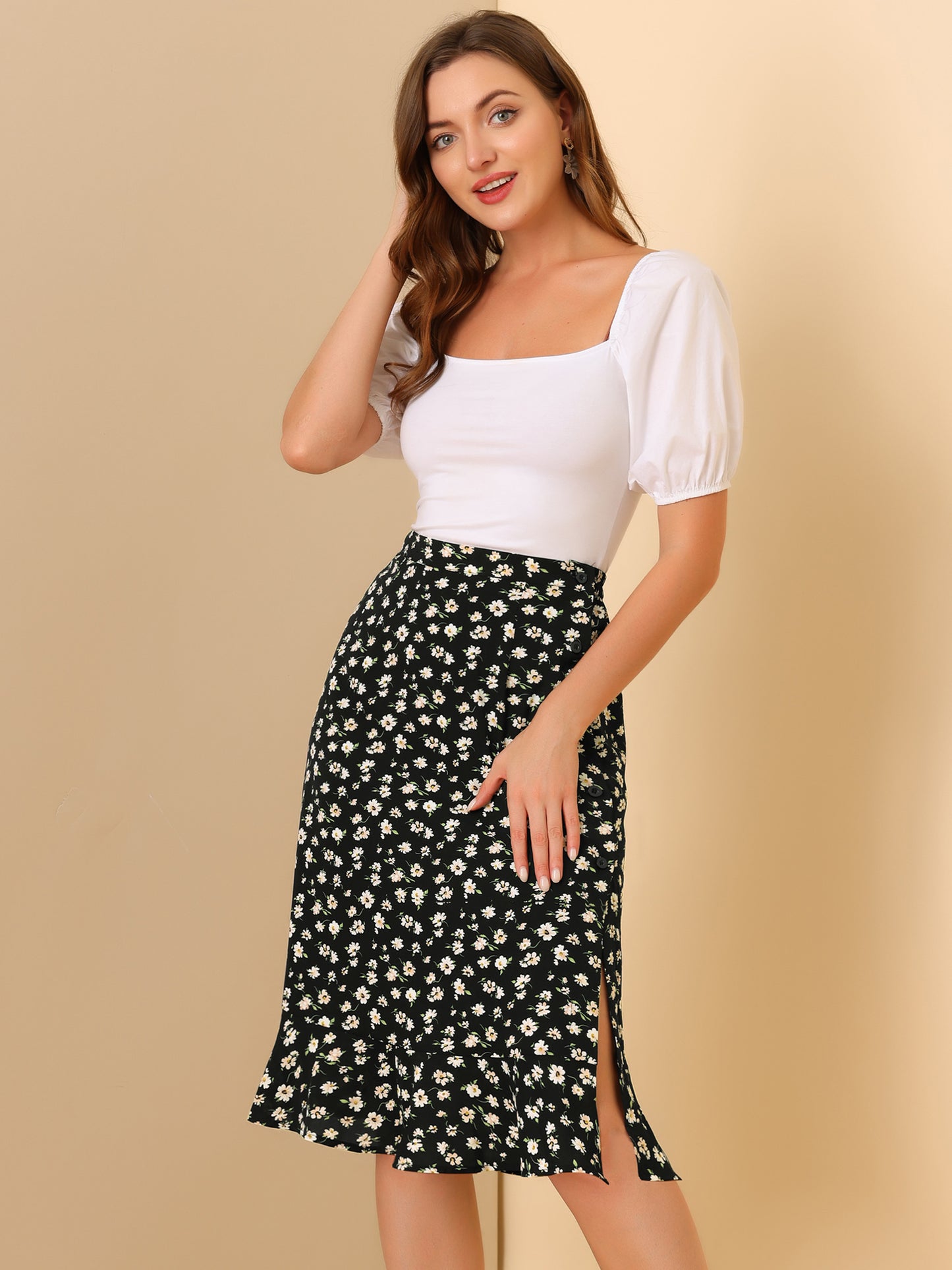 Women's Floral Midi Skirts Summer Ruffle High Waist Flowy A-Line Split Knee Length Skirt (Available in Plus Size)