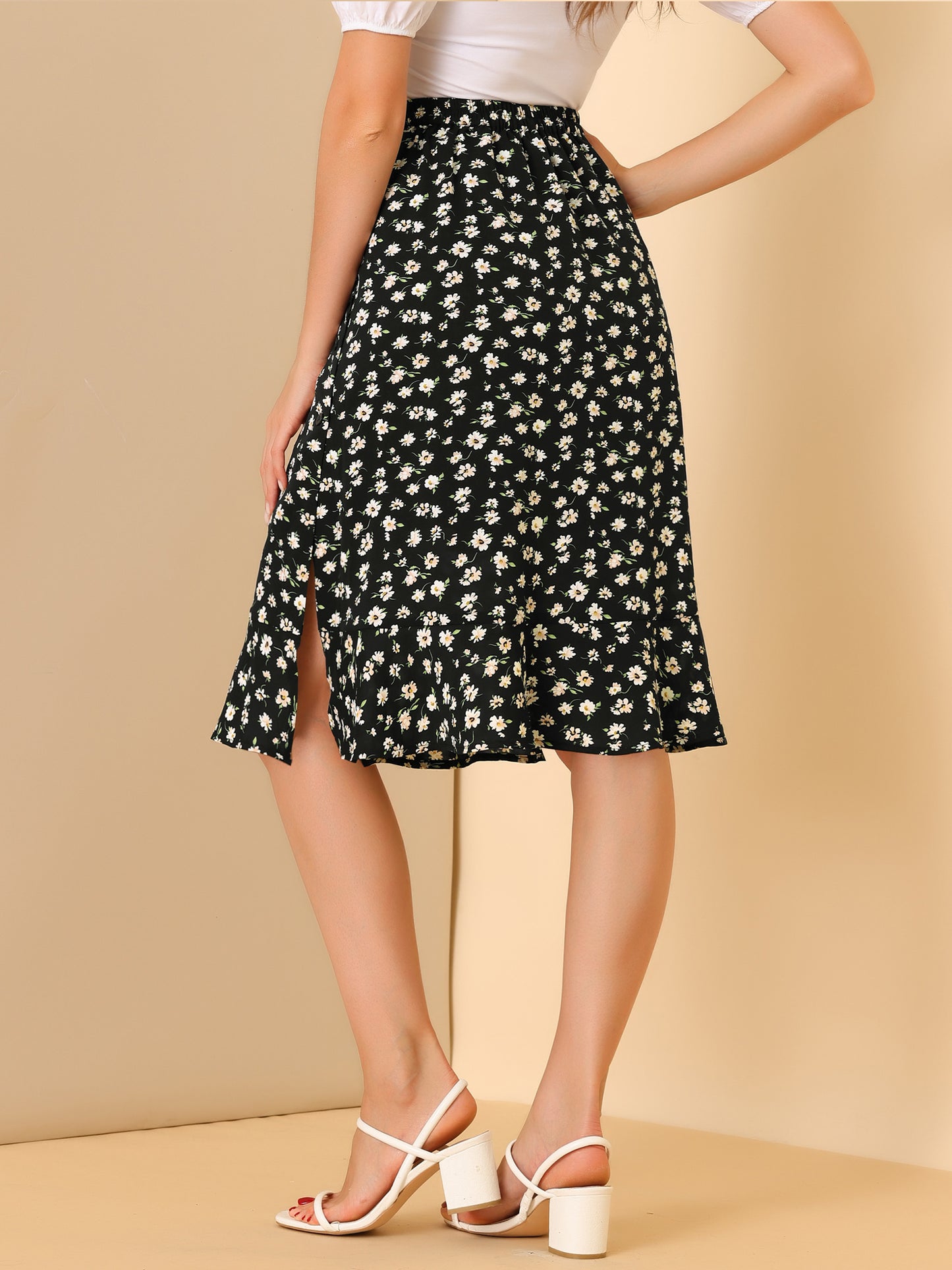 Women's Floral Midi Skirts Summer Ruffle High Waist Flowy A-Line Split Knee Length Skirt (Available in Plus Size)