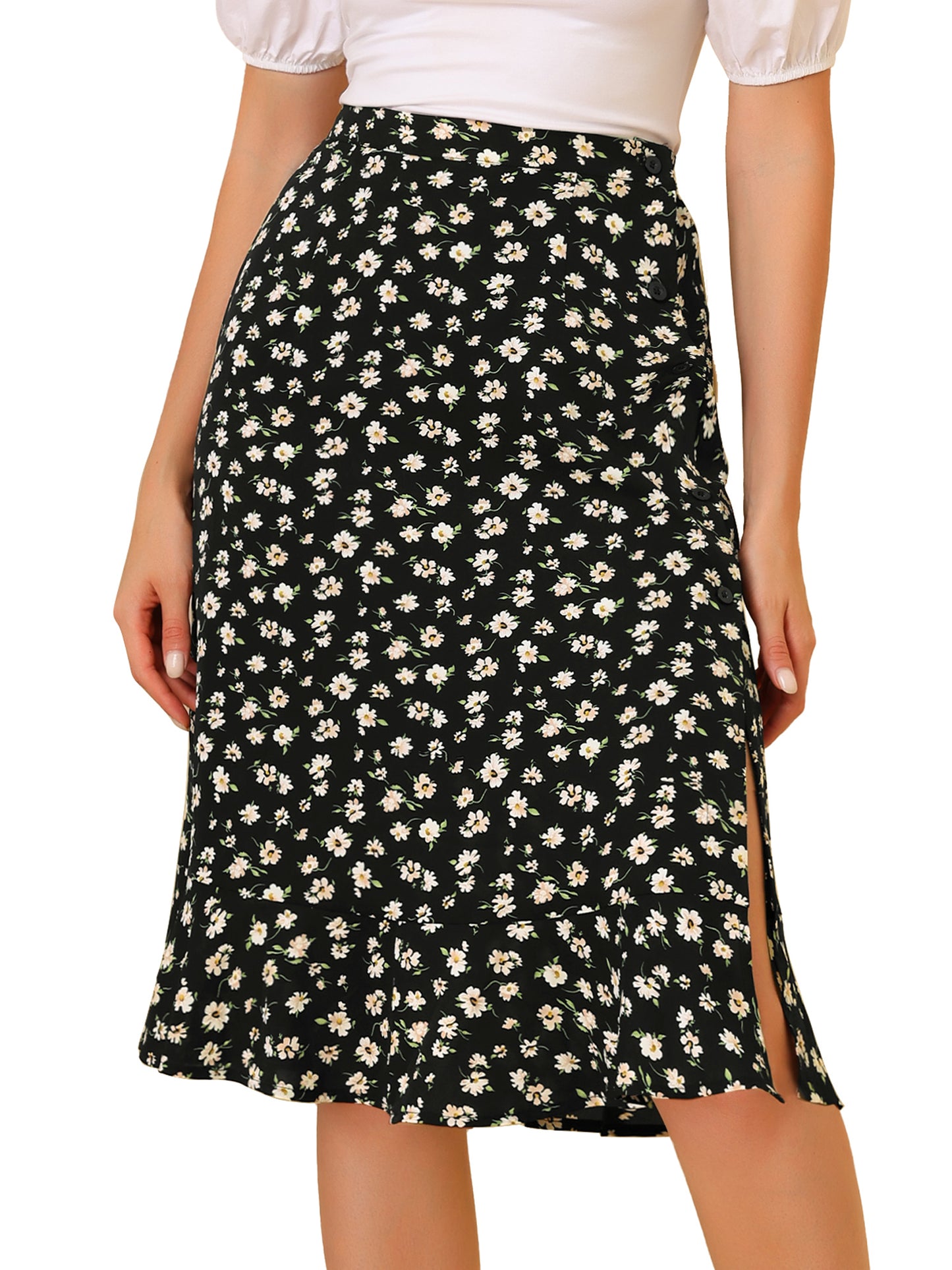 Women's Floral Midi Skirts Summer Ruffle High Waist Flowy A-Line Split Knee Length Skirt (Available in Plus Size)