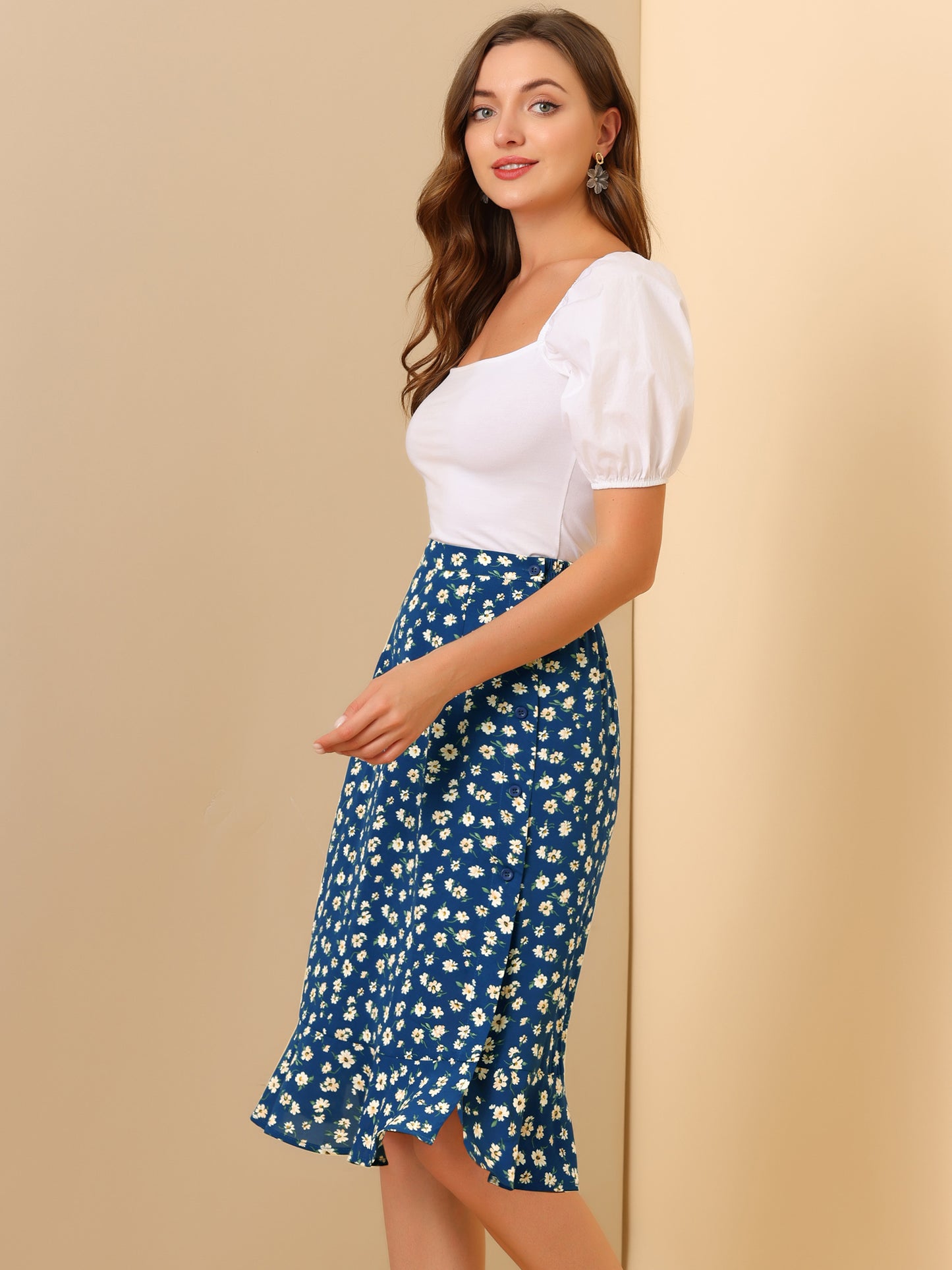 Faldas midi florales para mujer, de verano, con volantes, cintura alta, fluidas, corte A, con abertura hasta la rodilla