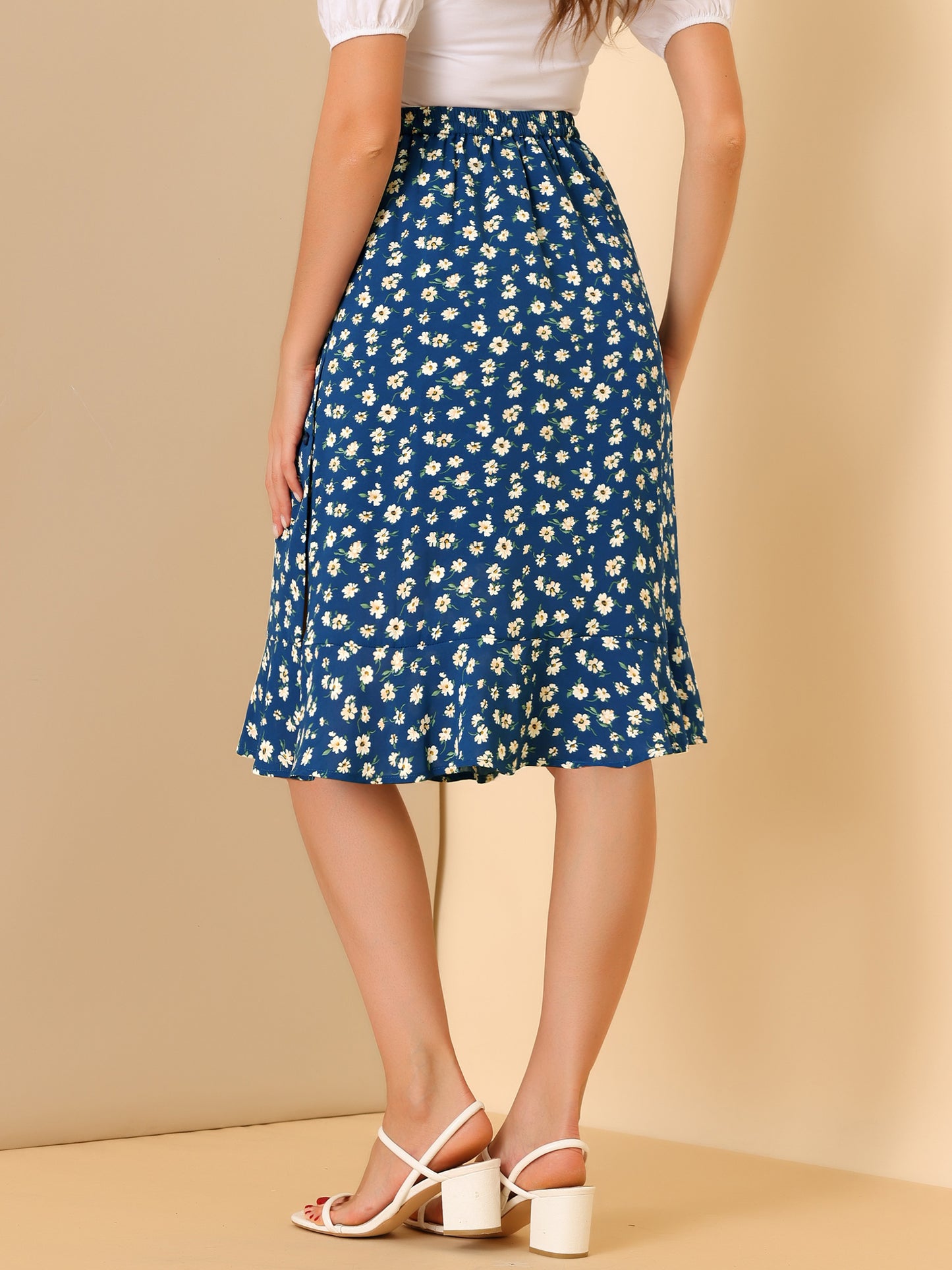 Faldas midi florales para mujer, de verano, con volantes, cintura alta, fluidas, corte A, con abertura hasta la rodilla