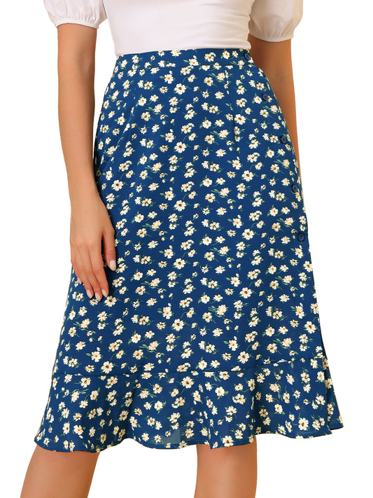 Women's Floral Midi Skirts Summer Ruffle High Waist Flowy A-Line Split Knee Length Skirt