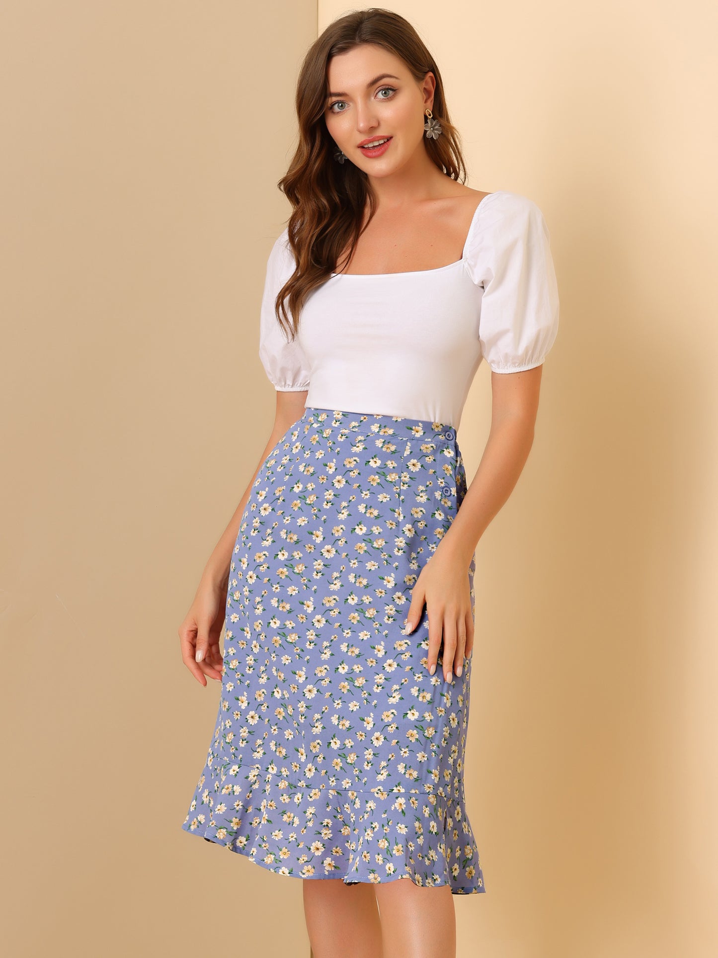 Faldas midi florales para mujer, de verano, con volantes, cintura alta, fluidas, corte A, con abertura hasta la rodilla