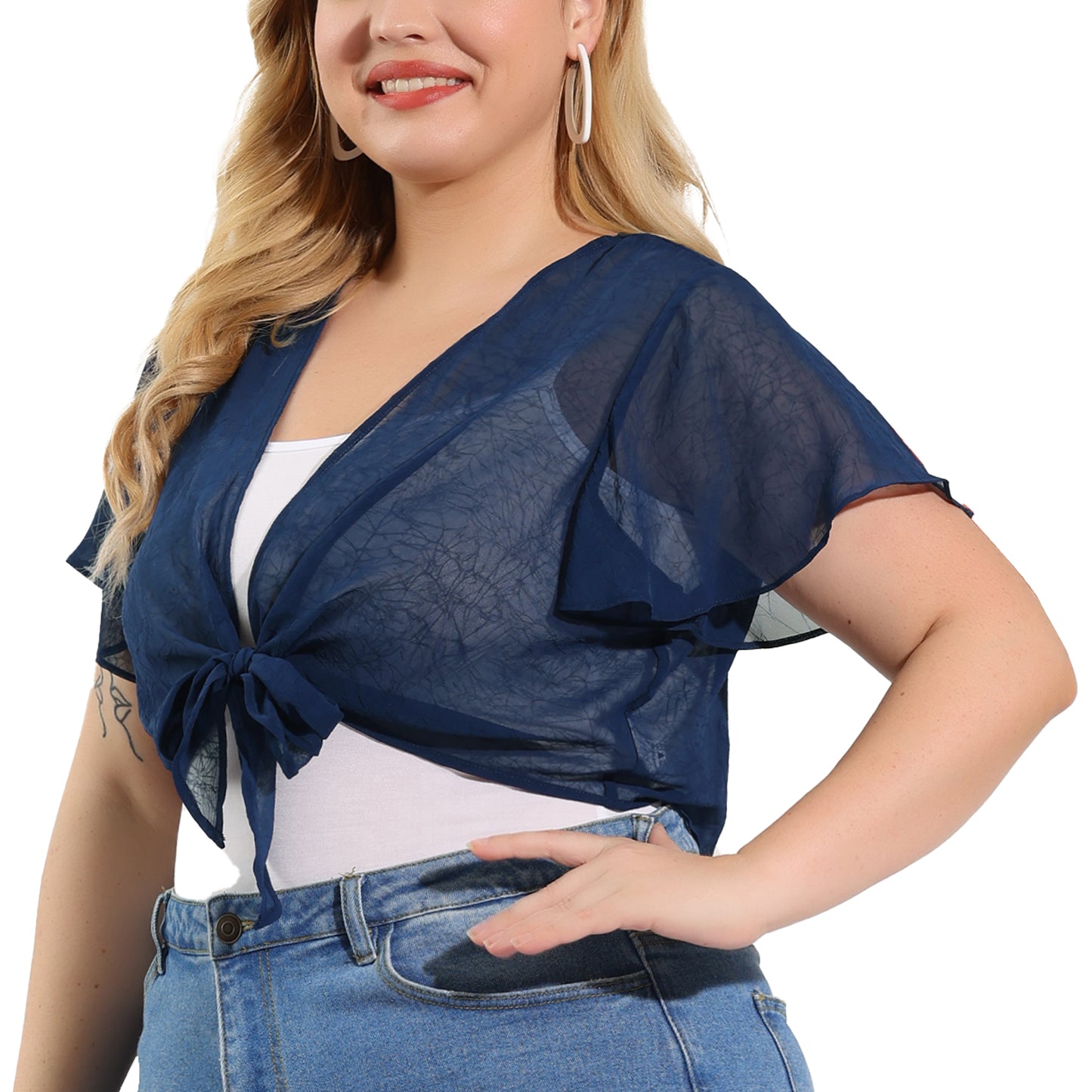 Women Plus Size Short Shrugs Tie Open Front Short Sleeve Sheer Crop Cardigan