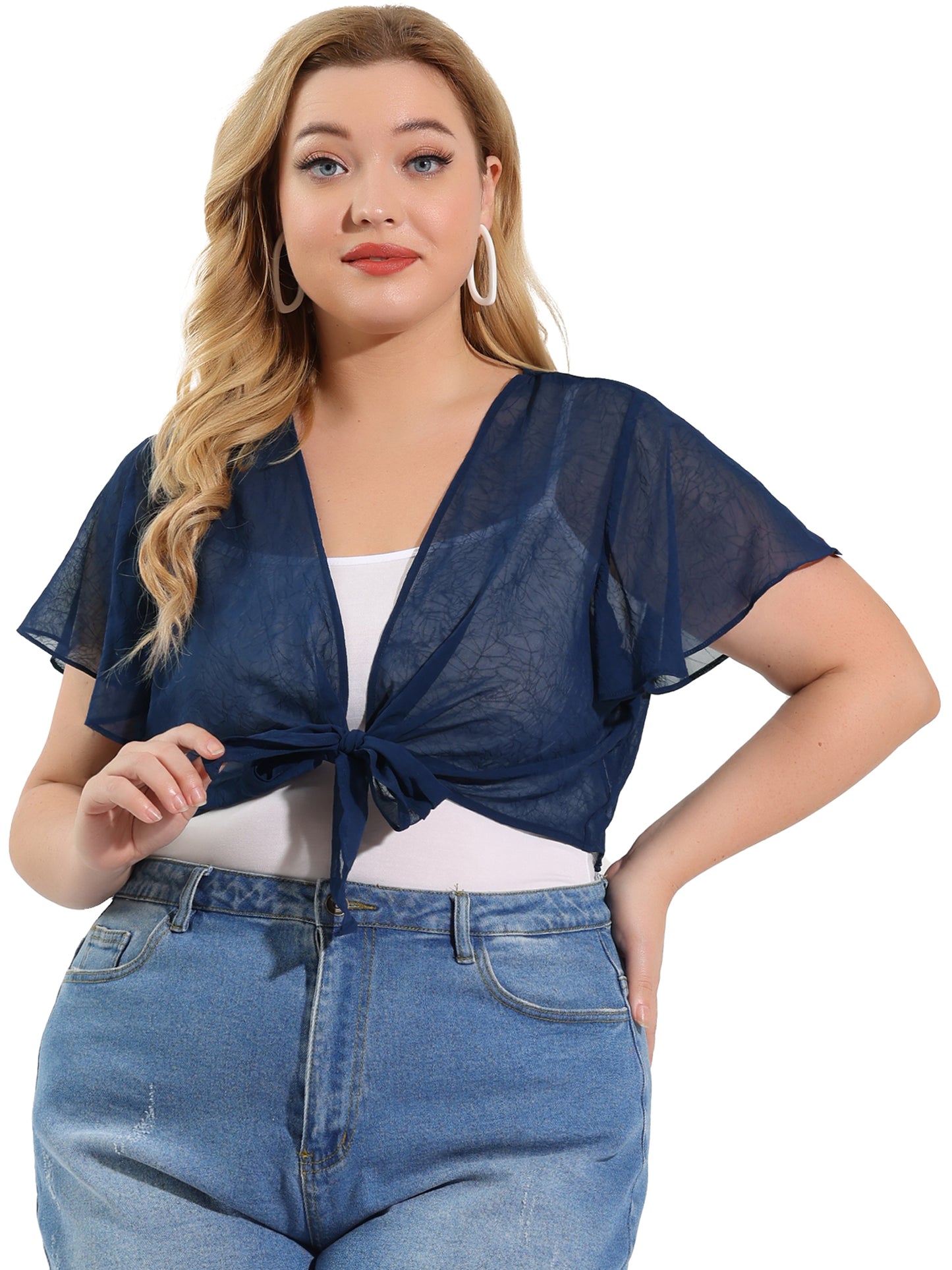 Women Plus Size Short Shrugs Tie Open Front Short Sleeve Sheer Crop Cardigan