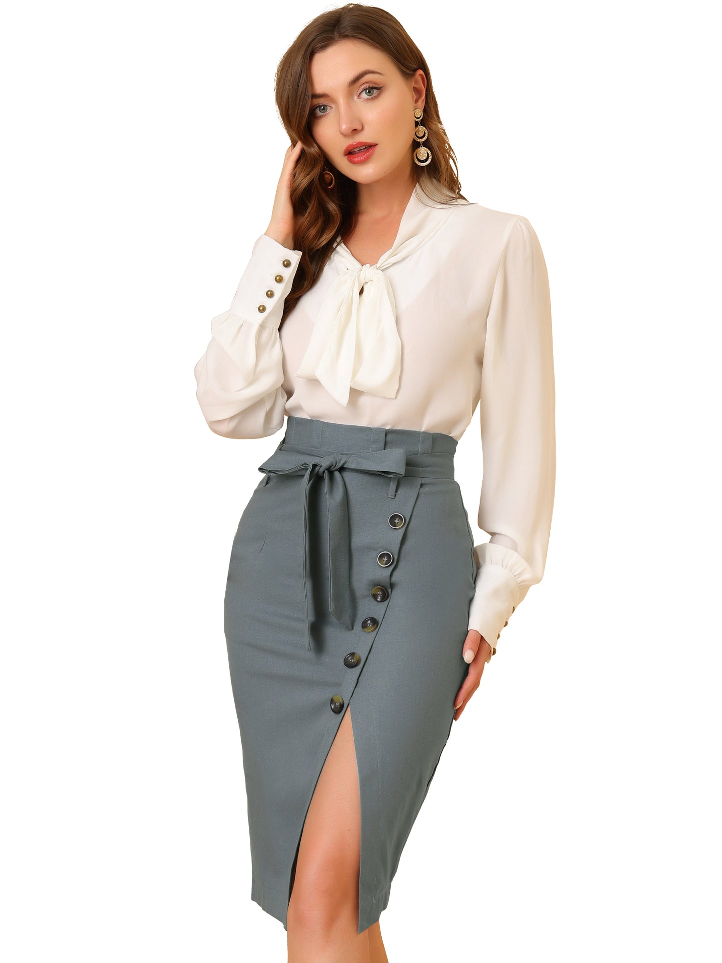 Women's Pencil Skirt High Waisted Slit Button Decor Belted Work Skirts