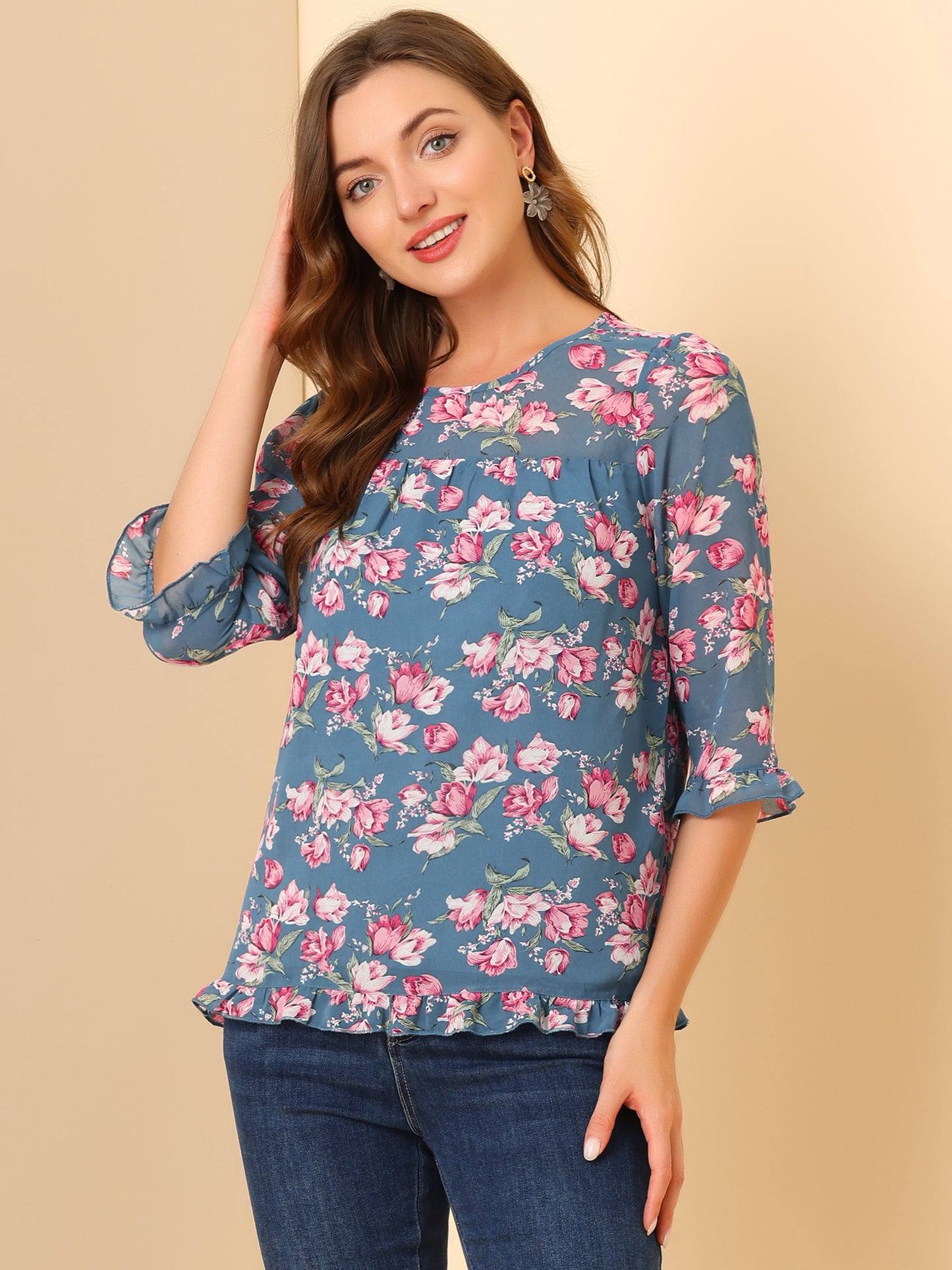 Women's Casual Ruffle 3/4 Sleeve Floral Print Chiffon Blouse