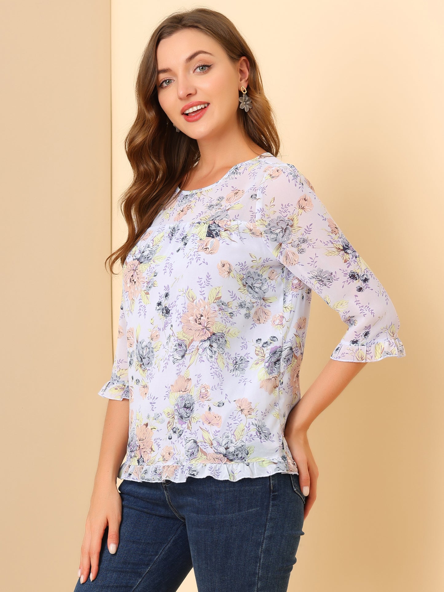 Women's Casual Ruffle 3/4 Sleeve Floral Print Chiffon Blouse