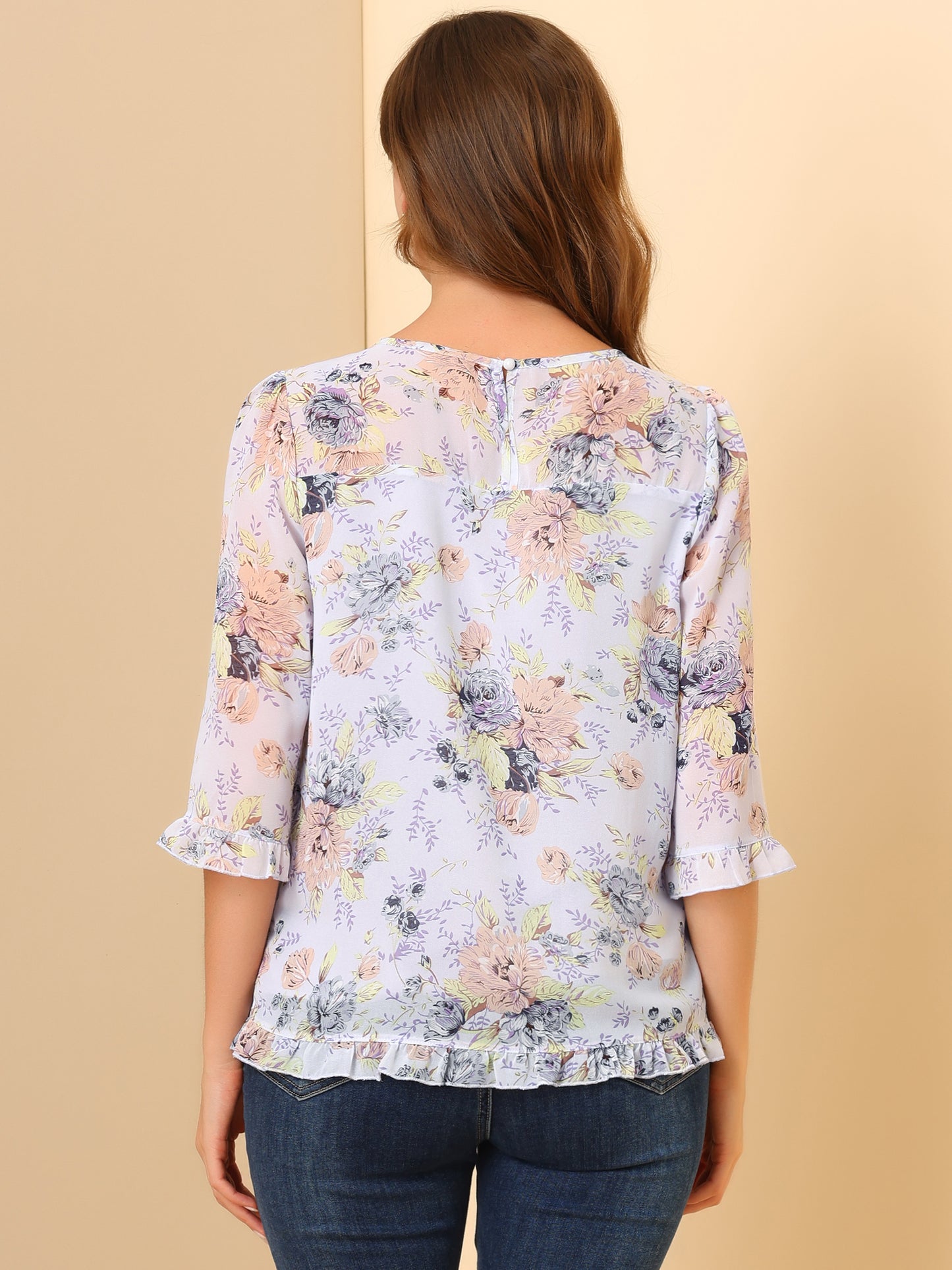 Women's Casual Ruffle 3/4 Sleeve Floral Print Chiffon Blouse