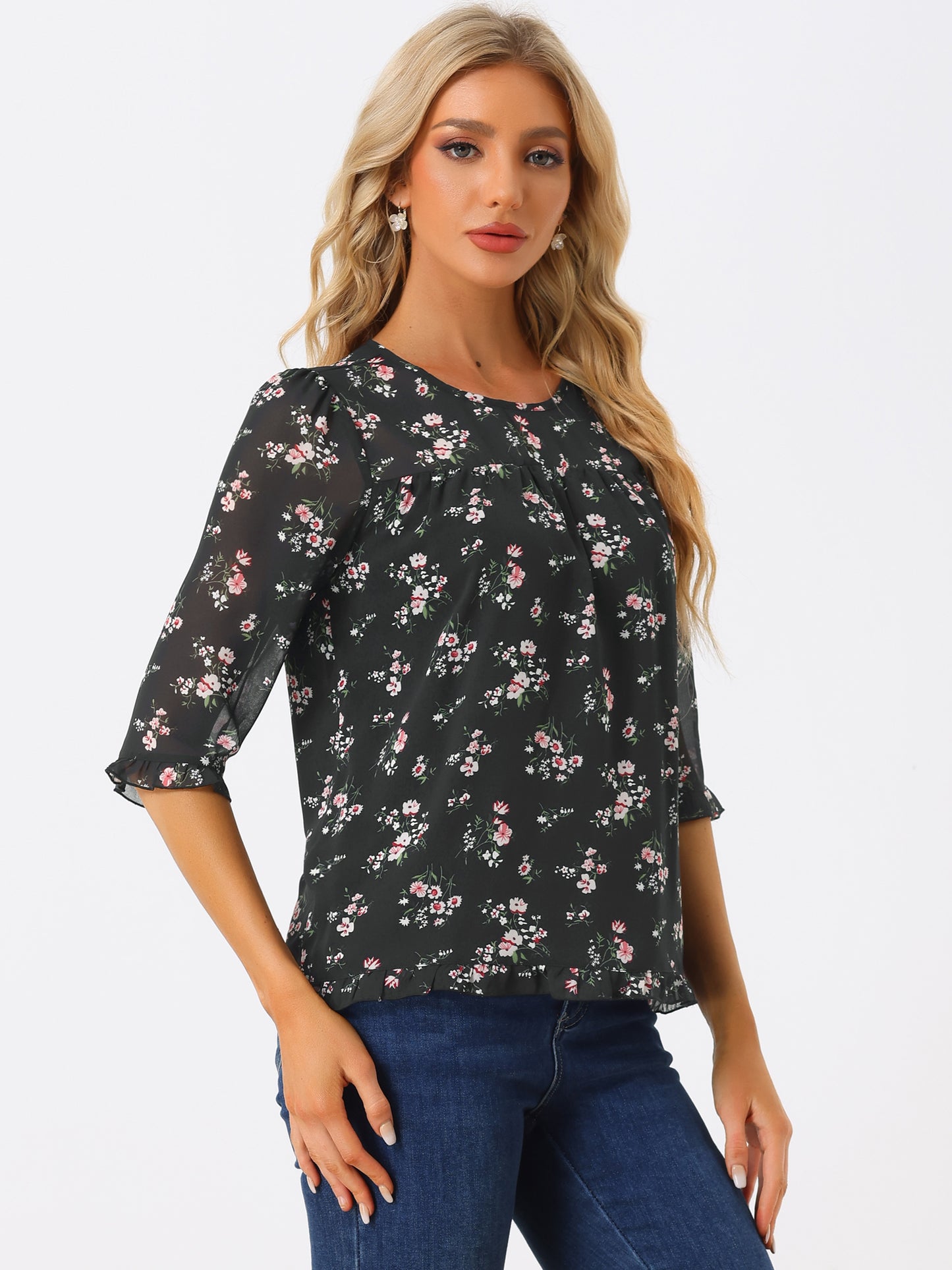 Women's Casual Ruffle 3/4 Sleeve Floral Print Chiffon Blouse