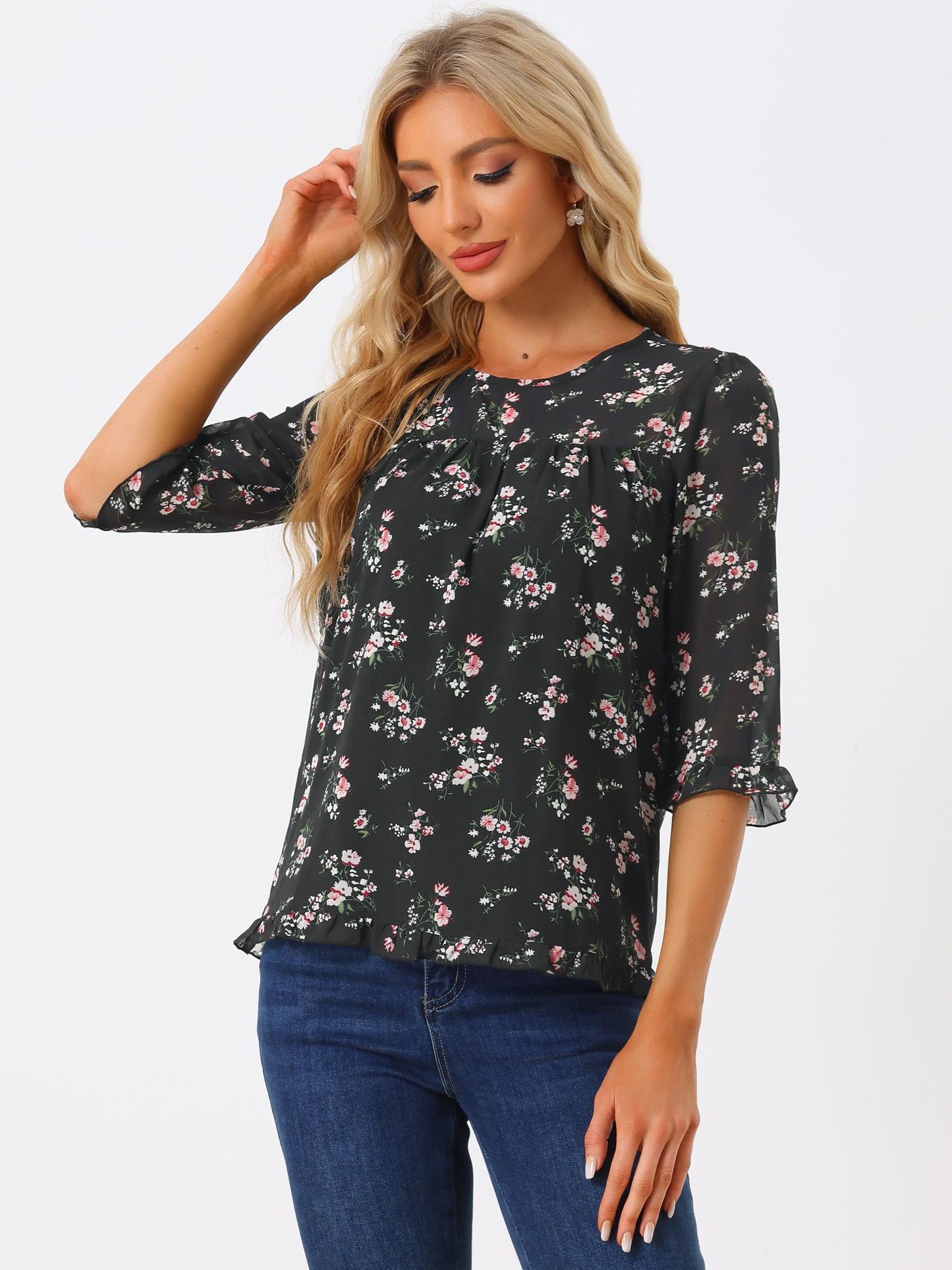 Women's Casual Ruffle 3/4 Sleeve Floral Print Chiffon Blouse