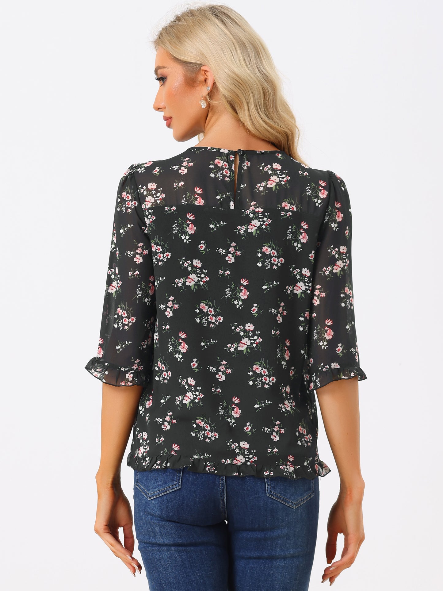 Women's Casual Ruffle 3/4 Sleeve Floral Print Chiffon Blouse