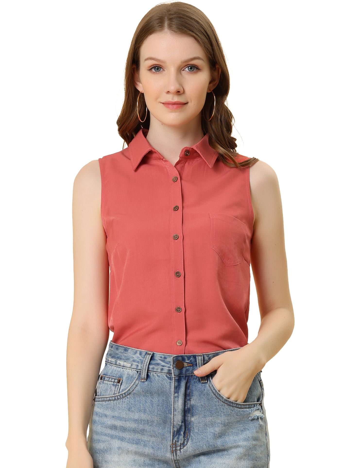 Women Single Breasted Point Collar Sleeveless Shirt (Available in Plus Size)