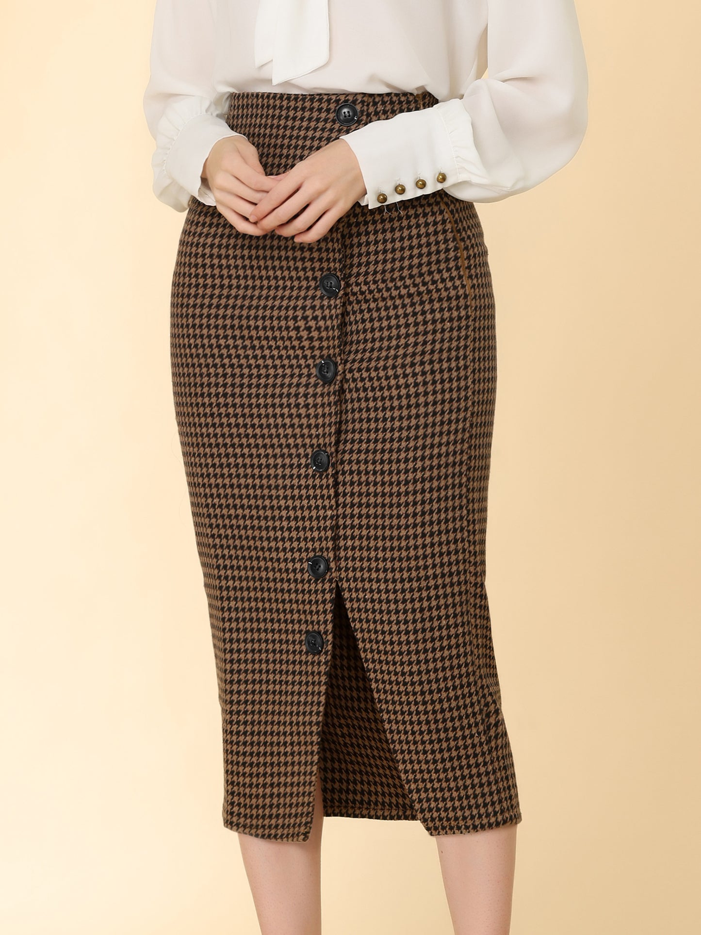 Falda elegante de pata de gallo con botones decorativos en la parte delantera y cintura elástica para mujer