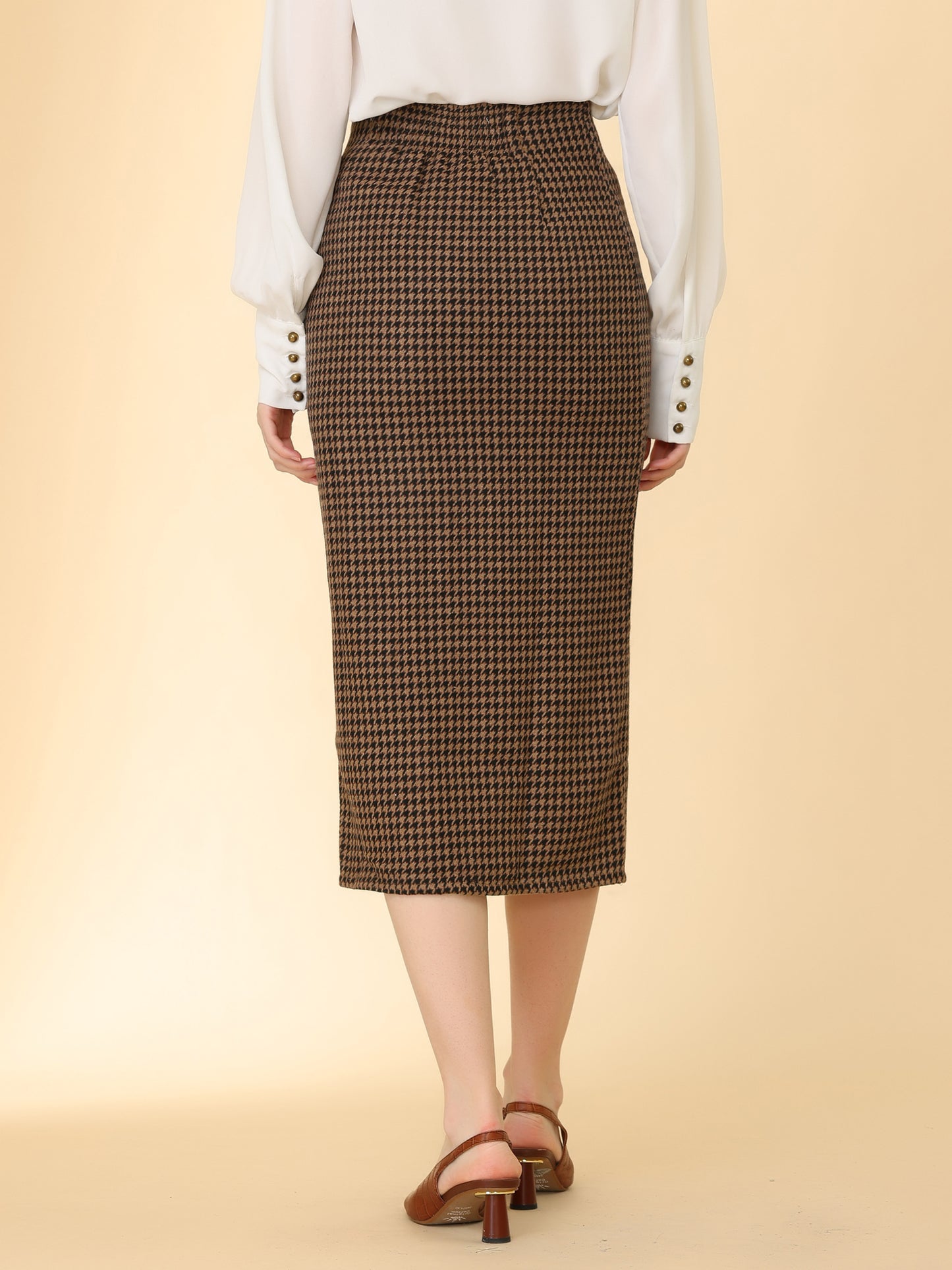 Falda elegante de pata de gallo con botones decorativos en la parte delantera y cintura elástica para mujer