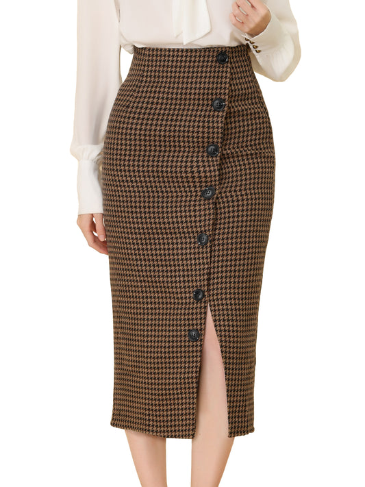 Women's Elegant Elastic Waist Button Decor Front Houndstooth Skirt