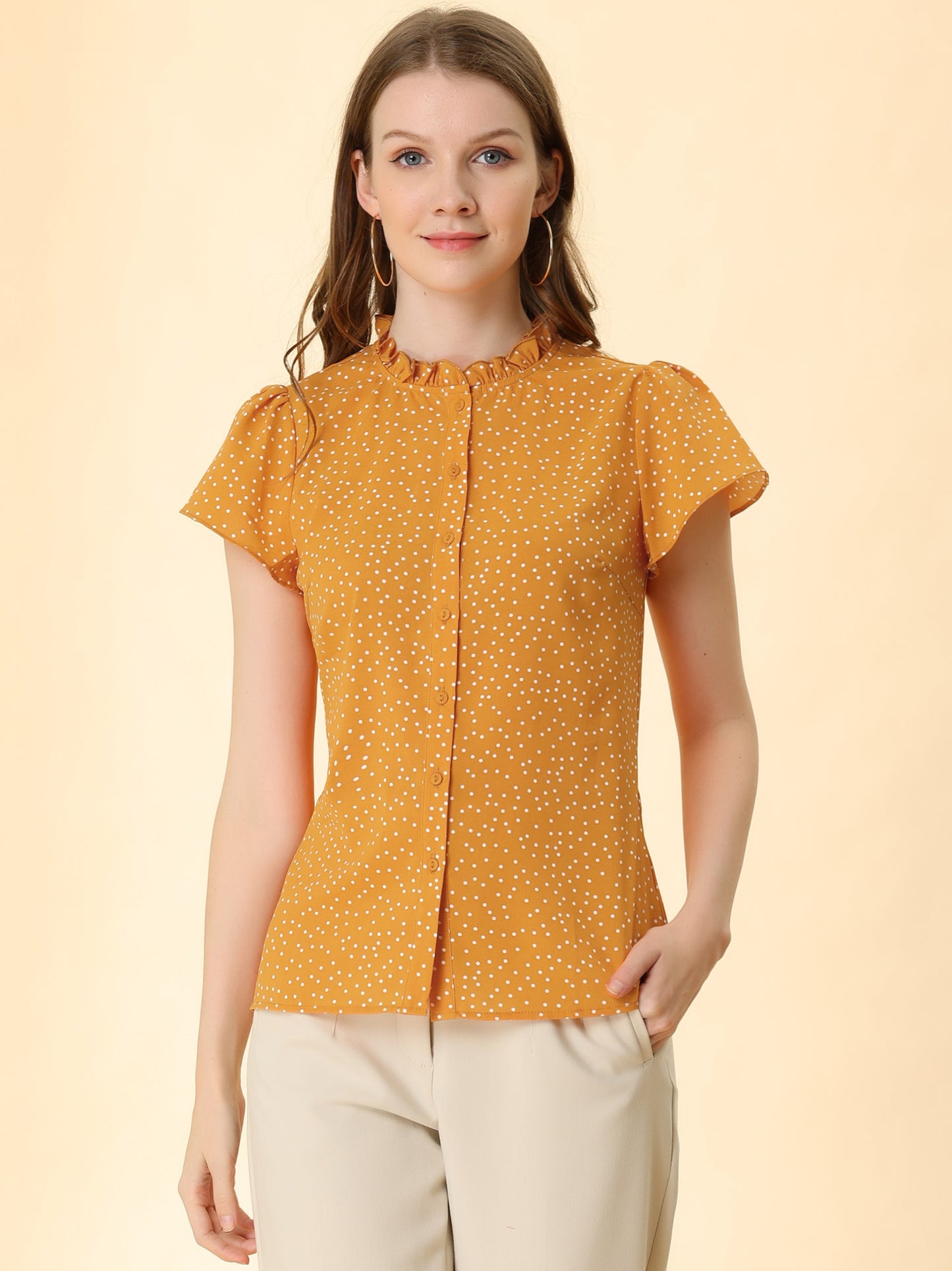 Women's Ruffle Summer Dots Print Retro Short Sleeve Button Down Blouse Top