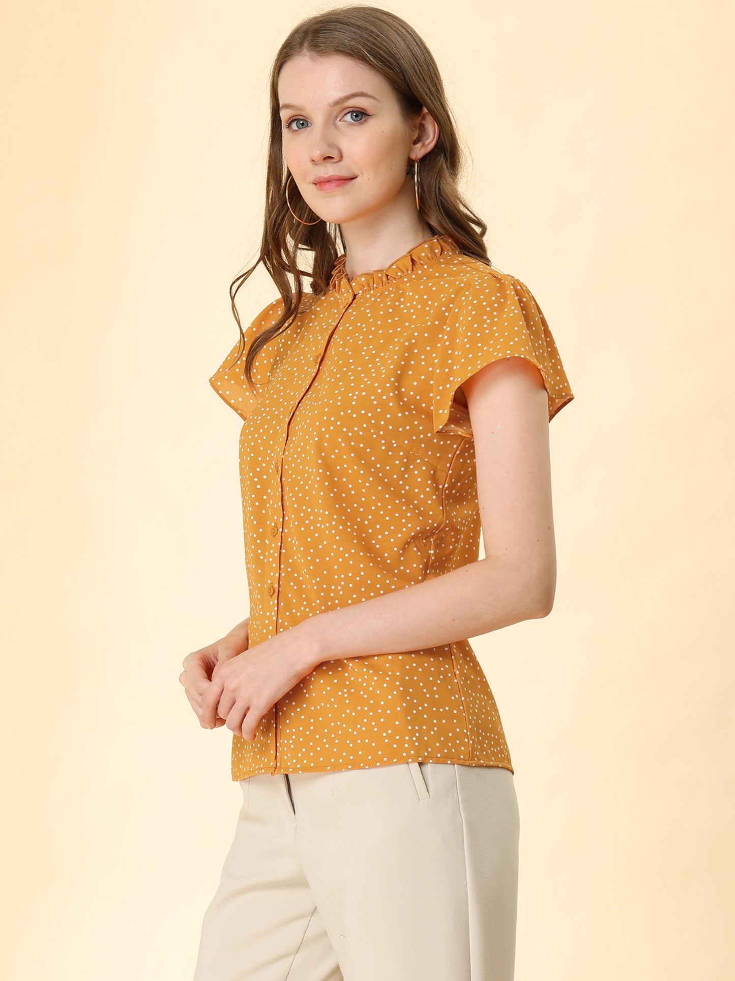 Women's Ruffle Summer Dots Print Retro Short Sleeve Button Down Blouse Top