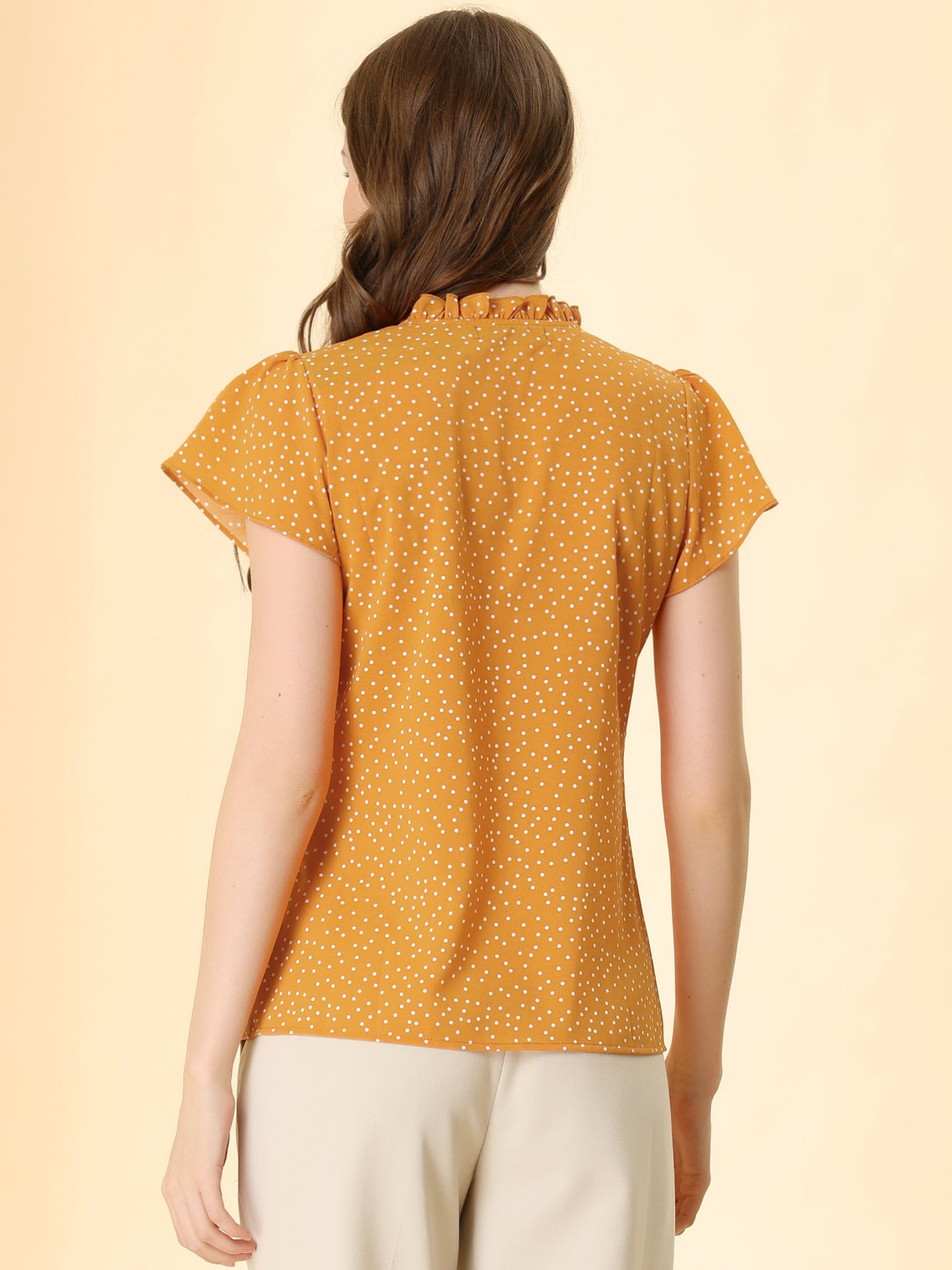 Women's Ruffle Summer Dots Print Retro Short Sleeve Button Down Blouse Top
