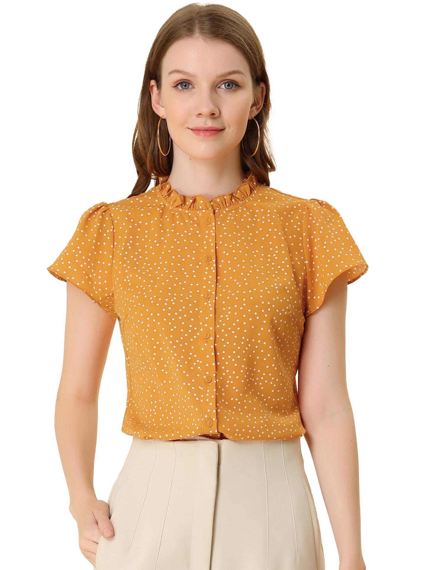 Women's Ruffle Summer Dots Print Retro Short Sleeve Button Down Blouse Top