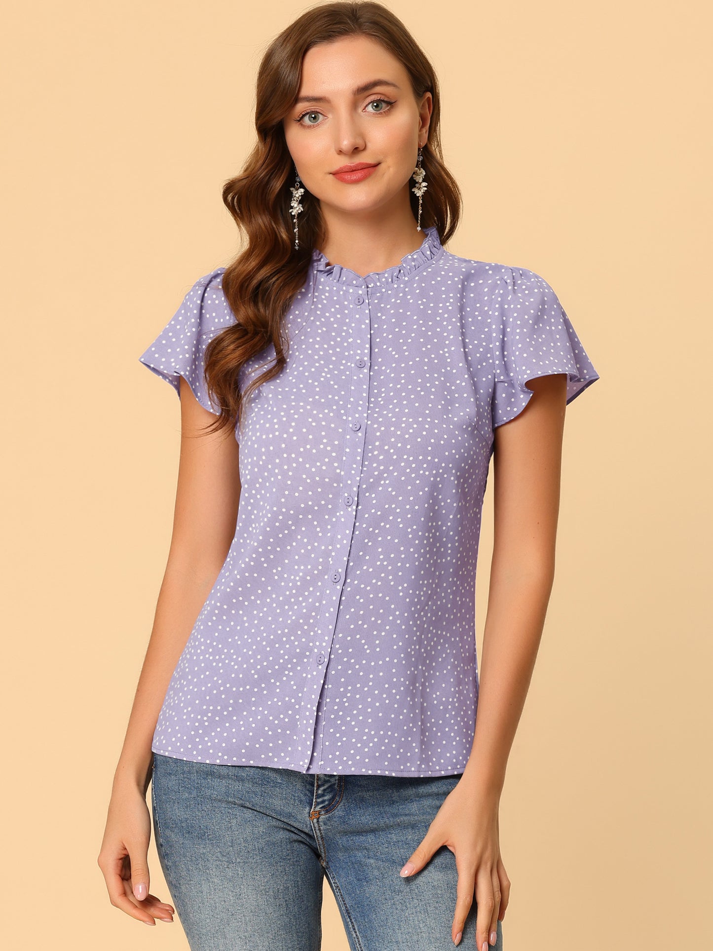 Women's Ruffle Summer Dots Print Retro Short Sleeve Button Down Blouse Top