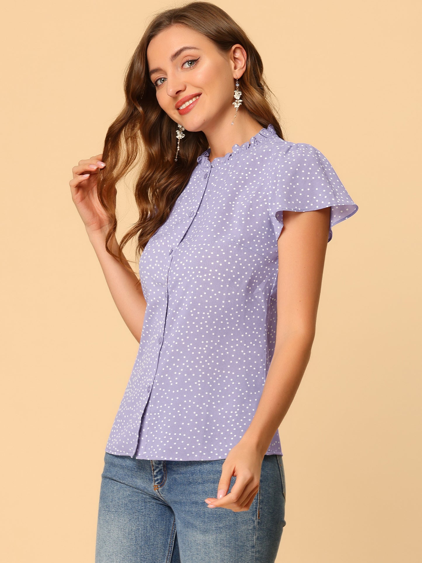 Women's Ruffle Summer Dots Print Retro Short Sleeve Button Down Blouse Top