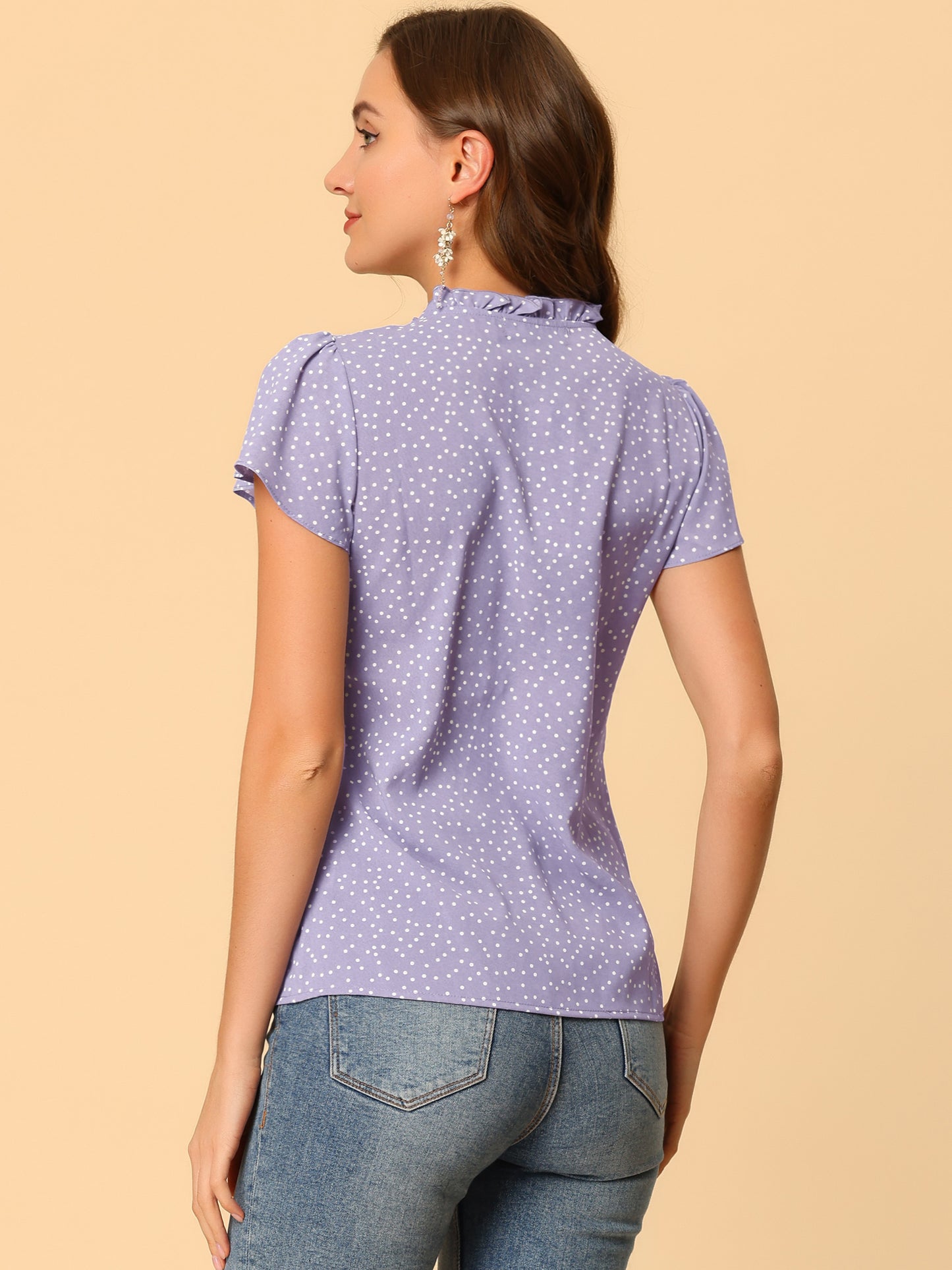 Women's Ruffle Summer Dots Print Retro Short Sleeve Button Down Blouse Top