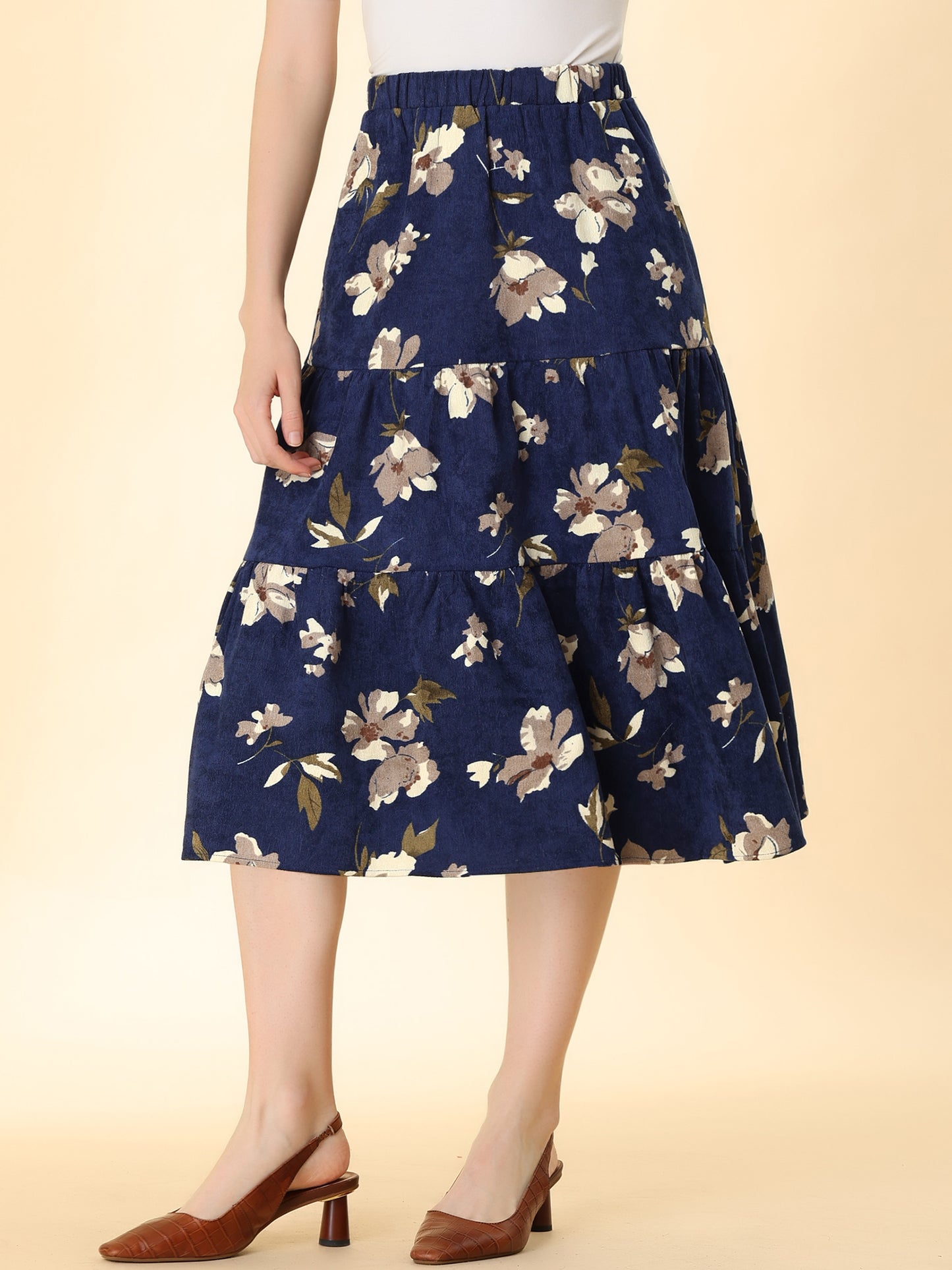 Falda midi de pana con cintura elástica para mujer, corte A, bolsillos, diseño floral escalonado, para otoño e invierno