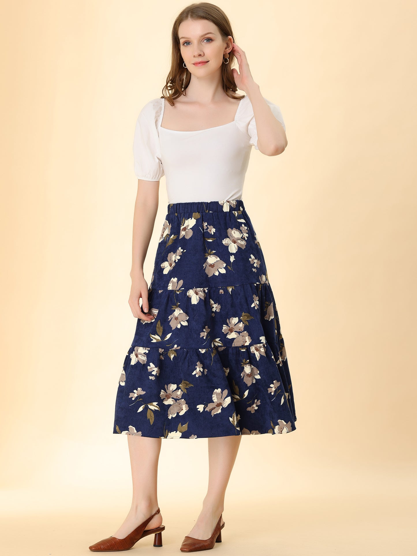 Falda midi de pana con cintura elástica para mujer, corte A, bolsillos, diseño floral escalonado, para otoño e invierno