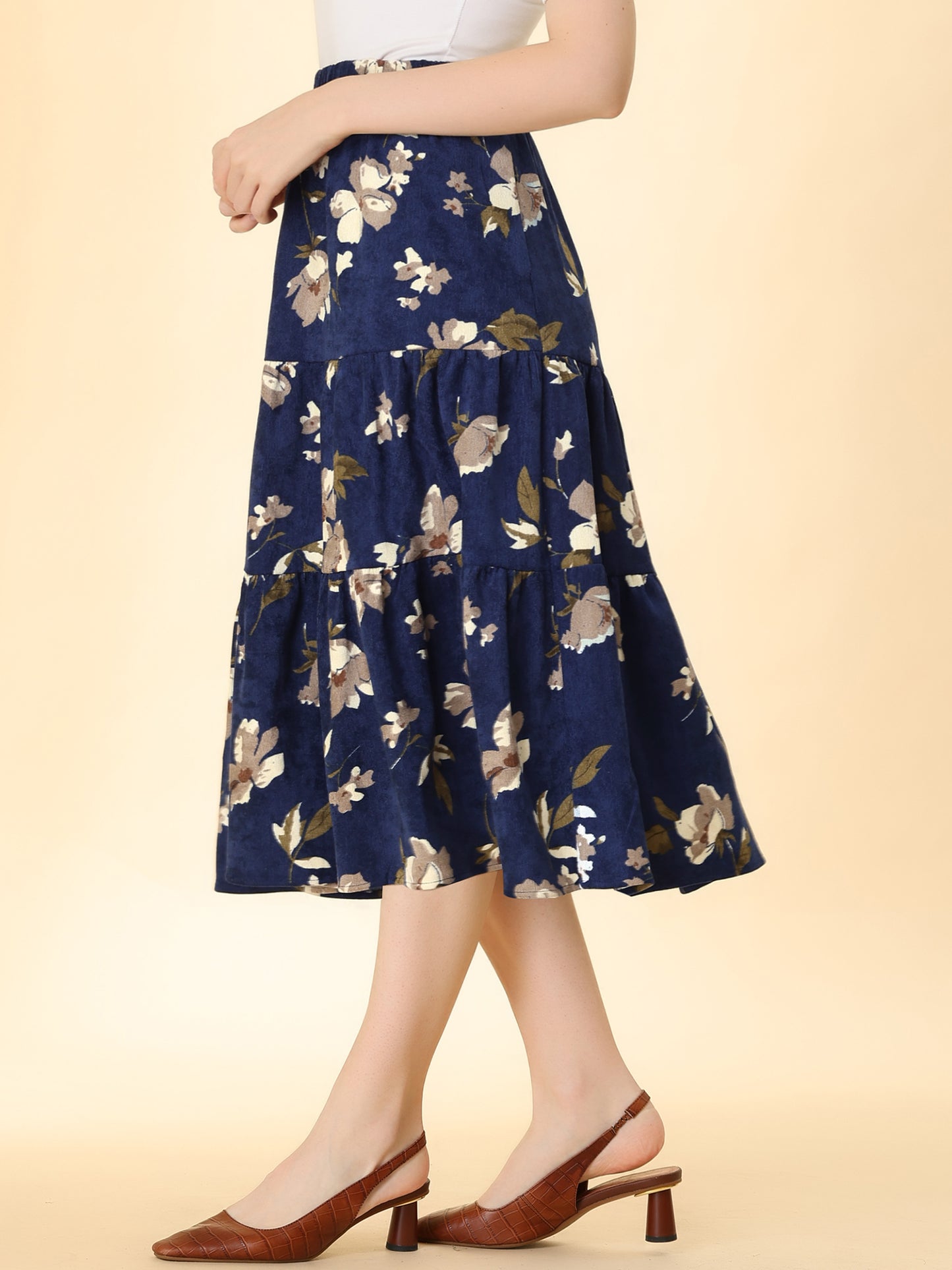 Falda midi de pana con cintura elástica para mujer, corte A, bolsillos, diseño floral escalonado, para otoño e invierno