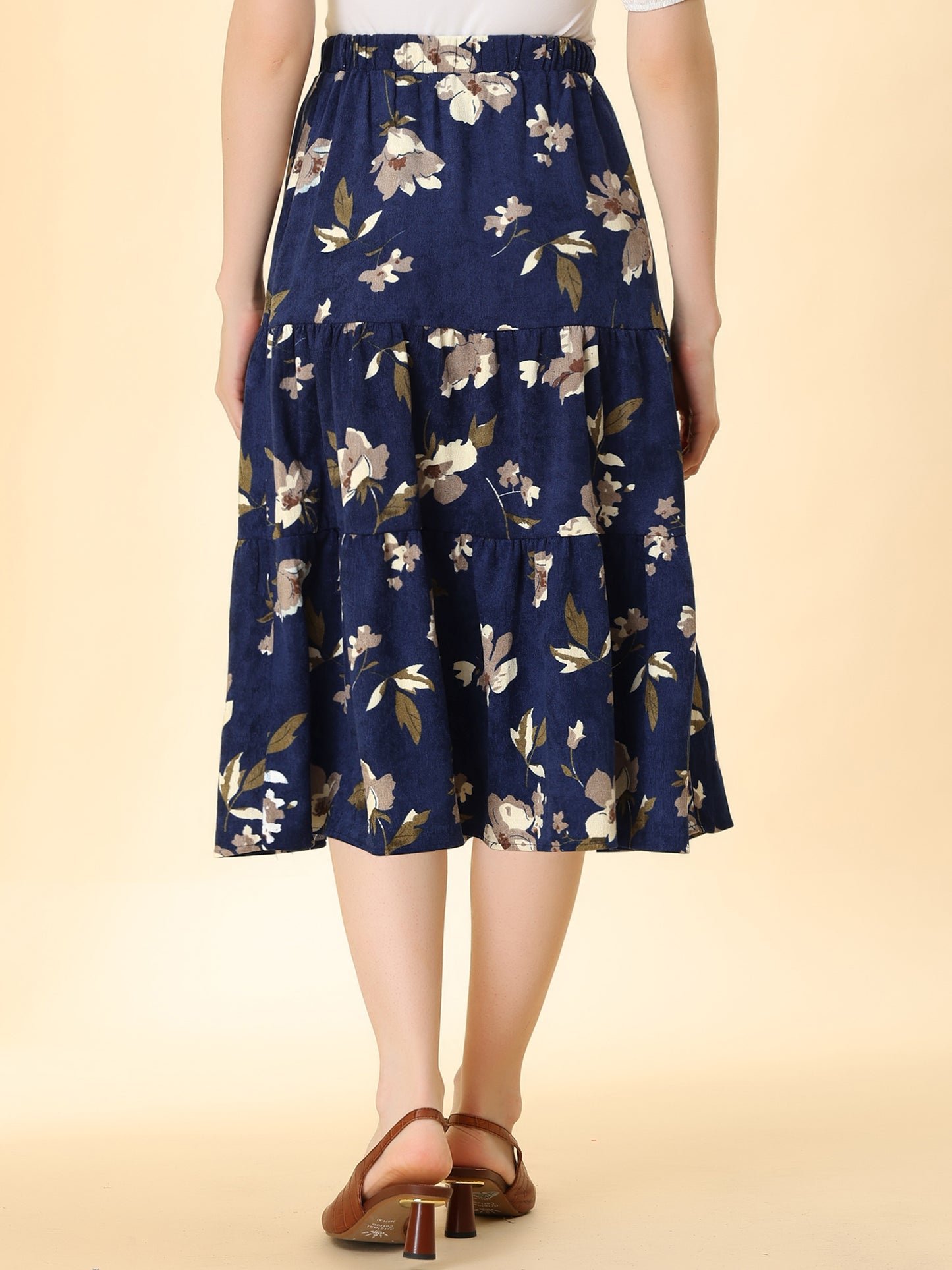 Falda midi de pana con cintura elástica para mujer, corte A, bolsillos, diseño floral escalonado, para otoño e invierno
