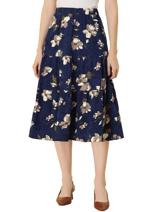 Women's Corduroy Elastic Waist Fall Winter A-Line Pockets Tiered Floral Midi Skirt